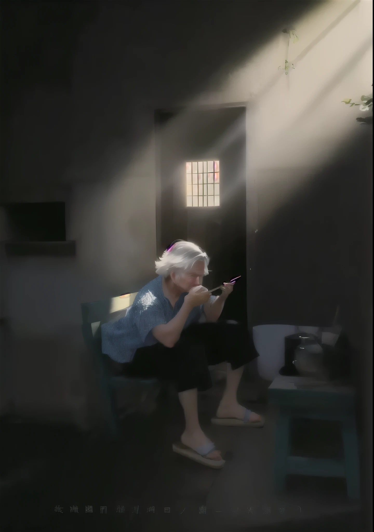 Caring for Empty Nesters,Silver-haired old man,Eating the rice in the bowl alone,Holding chopsticks,Sit on a small bench,A beam of sunlight hit her.