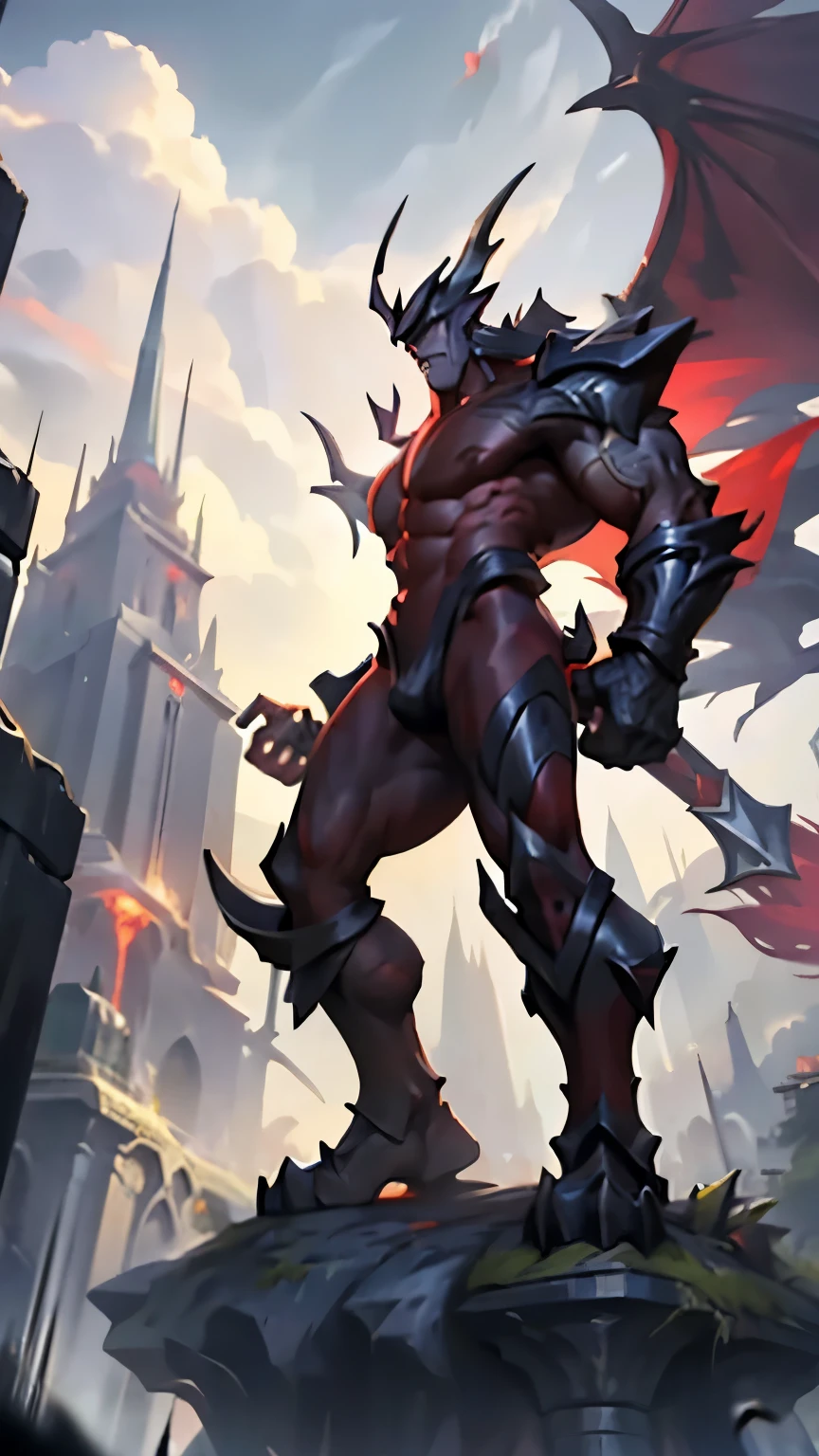 (full body), muscular aatrox, giant towering miniscule city