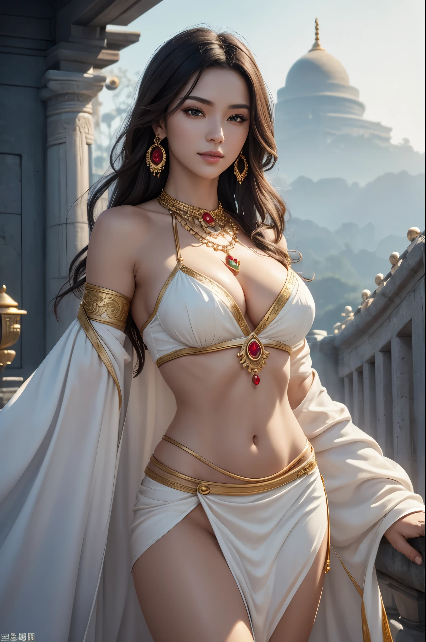 8K,Hooish goddess with short bob,Super Beauty(Like the real thing),White robe and white skirt,Beautiful white skin,Very nice smile,Perfect Anatomy,charm,Volume measurement,Body balance,Digital single-lens reflex camera, Soft lighting, Detailed Background, Written boundary depth, Volumetric lighting, Sharp focus, Absurd, Realistic proportions, Excellent anatomy, (Realistic, 超Realistic:1.4), 16K HDR, dawn,A High Resolution,super Realistic 肌,Super beautiful expression,Fantasy art,Character Art,Wind effects:1.9、Cloud Effect:1.2、Full Rendering、Professional quality high resolution、Perfect contrast、Perfect lighting、Perfect composition、Perfect Skin、Perfect Fingers、Perfect breasts、Perfect Hair、Perfect Face、Realistic facial features,super highest quality,Slim figure,Perfect body line,Perfect hand shape,Anatomical body balance,Highly detailed face,Highly detailed eyes,Beautiful Lips,Excellent light particles,Cinema Lighting,Makeup,Ultra-high resolution,Ultra-Realistic Skin,Accentuate your cleavage,Outside the Temple of Heaven,Gold Collar,Red Gemstone Necklace,Gold earrings,Gold Bracelet,Golden Eyes,Ethnic Goddess,