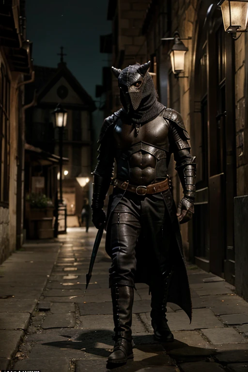 crie um personagem de ded, a black dragonborn measuring two meters and eighty centimeters, his tail will be one meter long, he is of the rogue class, the setting will be the streets of a lush-looking medieval kingdom at night, o personagem usa um sobretudo negro cheio de adornos prateados, vermelhos e verdes