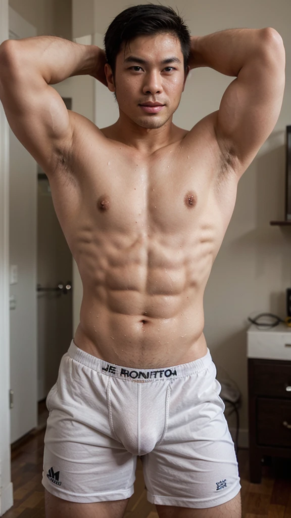 Asian guy, muscular, white brief with huge bulge, a little bit a beard face, not a boy, short hair, handsome man, full body shot, sweaty body, sexy hunk, sweaty brief with huge bulge, masculine guy