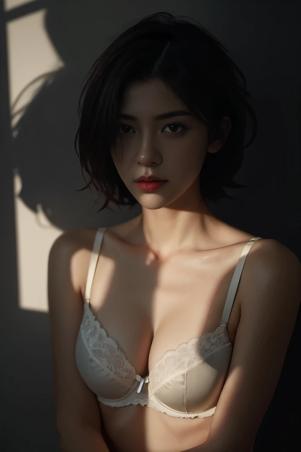 Best quality, masterpiece, ultra high res, (photorealistic:1.5), raw photo, 1girl,, in the dark, deep shadow, low key, cold light, sexy look, short hair, smooth , sexy, , leaf shadow, bra and pantie, one bra strap slipping off her shoulder