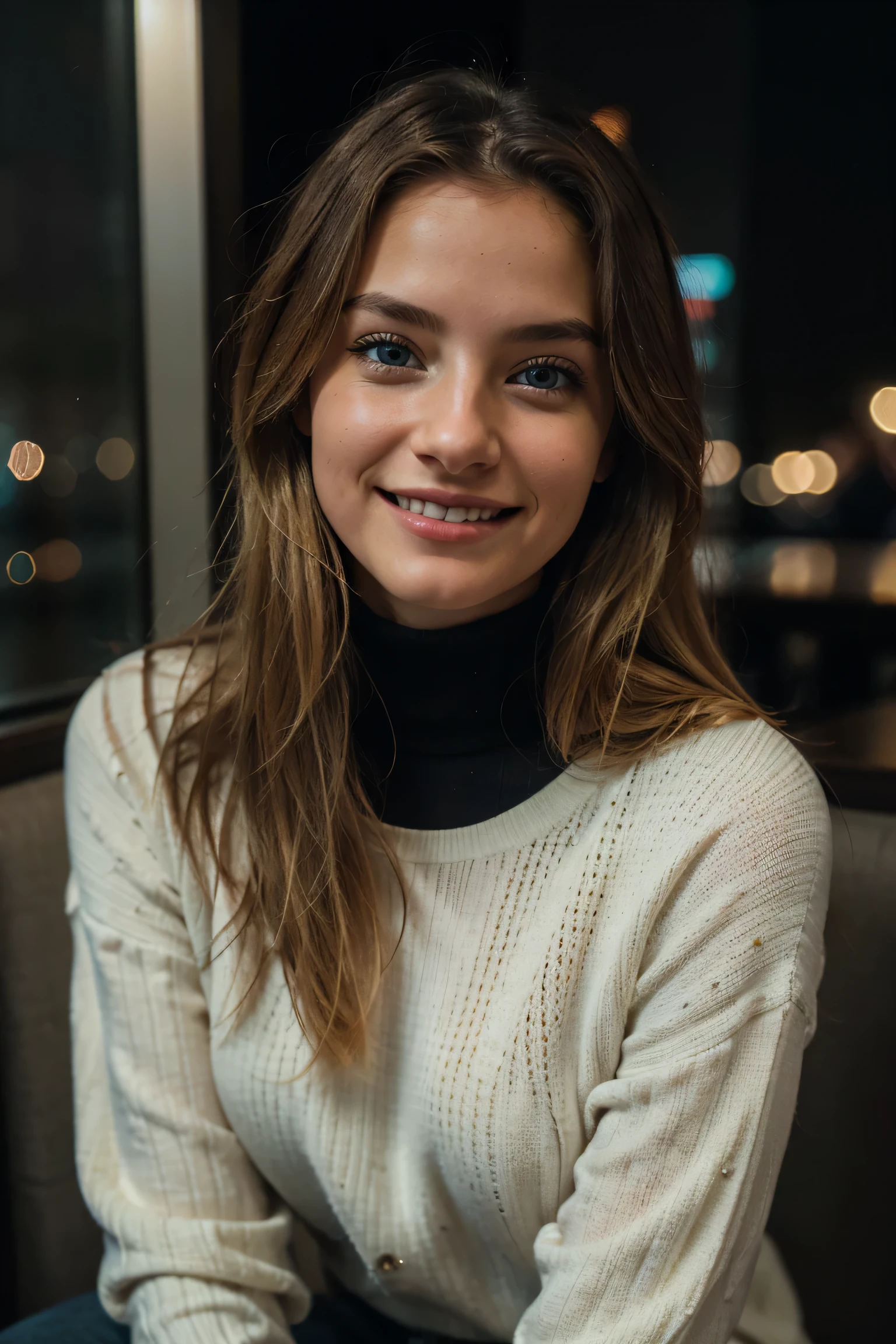 Very beautiful blonde Em Louise in a black sweater and jeans (Sitting in a modern restaurant at night), Very detailed, 21 years old, Innocent face, Natural wavy hair, blue eyes, looks like vagina, naked, High resolution, masterpiece, Best Quality, Intricate high detail, Very detailed, Sharp focus, Fine skin, texture realista de la piel, texture, Fine grain, Professional, 4K, Cute smile, Canon photography, 85mm, Shallow depth of field,  Kodak Color Vision, Perfectly Fitted Body, Very detailed, photograph_\(Ultra\), photorealistic, Real Stick, Post-processing, Maximum details, Roughness, Real Life, Ultra realista, rendering, Director of Photography, 8K UltraHD, Director of Photography (cinematic particles) Close-up medium shot of a happy smiling face in atmospheric dark lighting