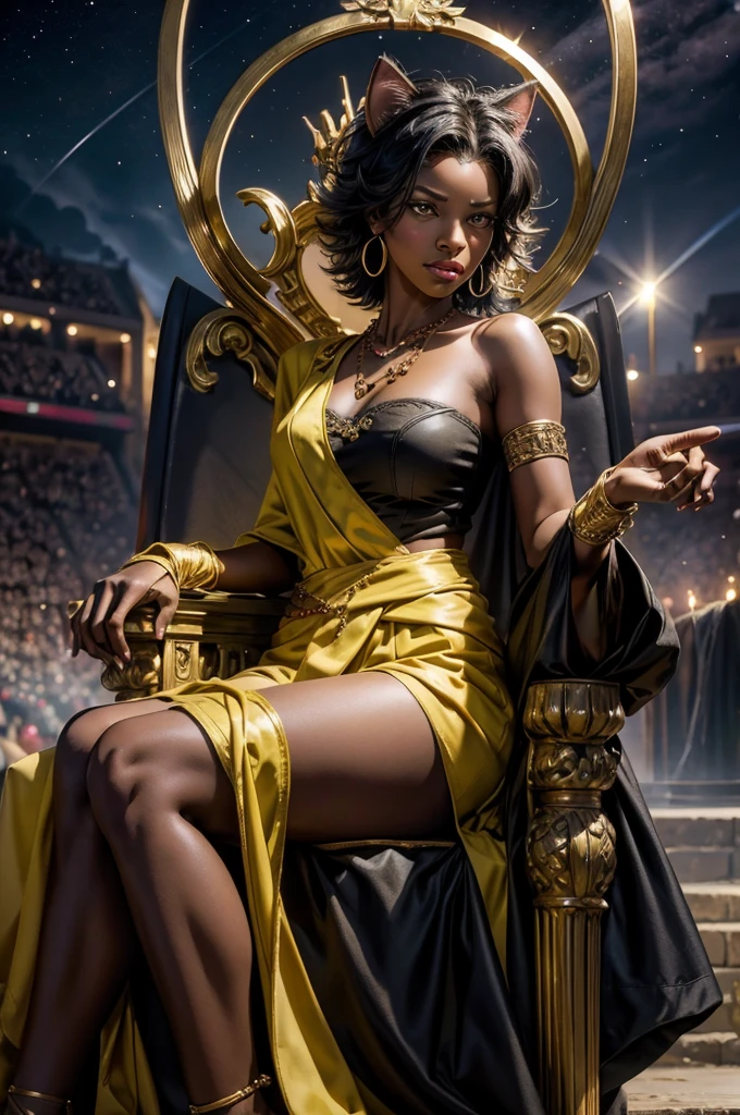 highres,absurdres ,best quality, original, extremely detailed CG, extremely detailed wallpaper, perfect lighting, looking at viewer, bare hands,1girl, SiennaKhan, short hair, black hair, animal ears, yellow eyes, cat ears, dark skin, dark-skinned female, gloves, jewelry, earrings, cape, facial mark, cleavage cutout, hoop earrings, outdoors, arena,  sitting on ornate throne, (large high-back throne) night, stars,  audience, crowd, looking at viewer,