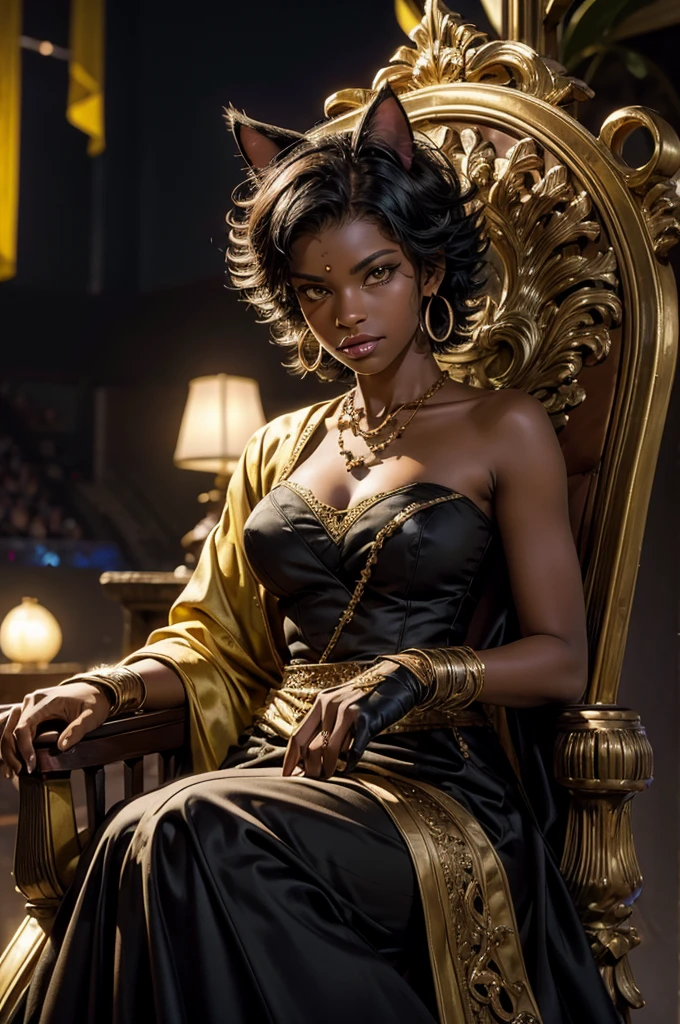 highres,absurdres ,best quality, original, extremely detailed CG, extremely detailed wallpaper, perfect lighting, looking at viewer, bare hands,1girl, SiennaKhan, short hair, black hair, animal ears, yellow eyes, cat ears, dark skin, dark-skinned female, gloves, jewelry, earrings, cape, facial mark, cleavage cutout, hoop earrings, outdoors, arena,  sitting on ornate throne, (large high-back throne) night, stars,  audience, crowd, looking at viewer,