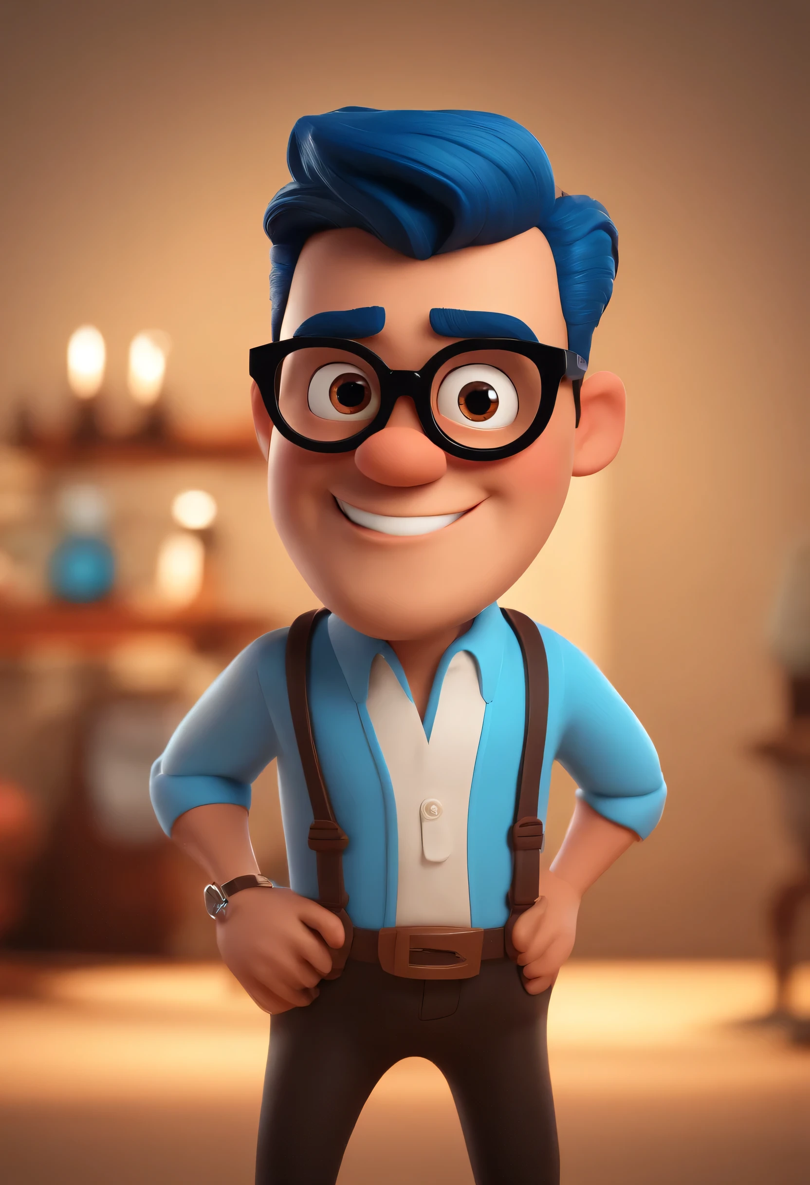 Cartoon character of a man in black glasses and blue shirt, animation character, Caractere estilizado, animation style rendering, 3D estilizado, Arnold Maya rendering, Stylized 3D rendering, toon render screenshot, Personagem 3D, Personagem 3D, Stylized 3D rendering, 3D character rendering, personagem de desenho animado, Personagem de close up, Pose de personagem, (Estilo Pixar) (parte mestre:1.2) (Bokeh) (melhor qualidade) (pele detalhada) (textura detalhada) (8K) (argila) (cinematic lighting) (sharp focus