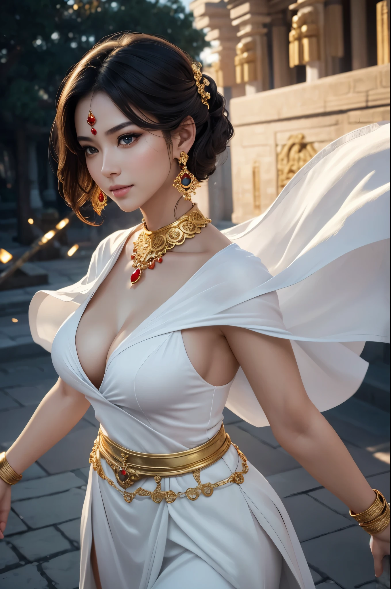 8K,Hooish goddess with short bob,Super Beauty(Like the real thing),White robe and white skirt,Beautiful white skin,Very nice smile,Perfect Anatomy,charm,Volume measurement,Body balance,Digital single-lens reflex camera, Soft lighting, Detailed Background, Written boundary depth, Volumetric lighting, Sharp focus, Absurd, Realistic proportions, Excellent anatomy, (Realistic, 超Realistic:1.4), 16K HDR, dawn,A High Resolution,super Realistic 肌,Super beautiful expression,Fantasy art,Character Art,Wind effects:1.9、Cloud Effect:1.2、Full Rendering、Professional quality high resolution、Perfect contrast、Perfect lighting、Perfect composition、Perfect Skin、Perfect Fingers、Perfect breasts、Perfect Hair、Perfect Face、Realistic facial features,super highest quality,Slim figure,Perfect body line,Perfect hand shape,Anatomical body balance,Highly detailed face,Highly detailed eyes,Beautiful Lips,Excellent light particles,Cinema Lighting,Makeup,Ultra-high resolution,Ultra-Realistic Skin,Accentuate your cleavage,Outside the Temple of Heaven,Gold Collar,Red Gemstone Necklace,Gold earrings,Gold Bracelet,Golden Eyes,Ethnic Goddess,