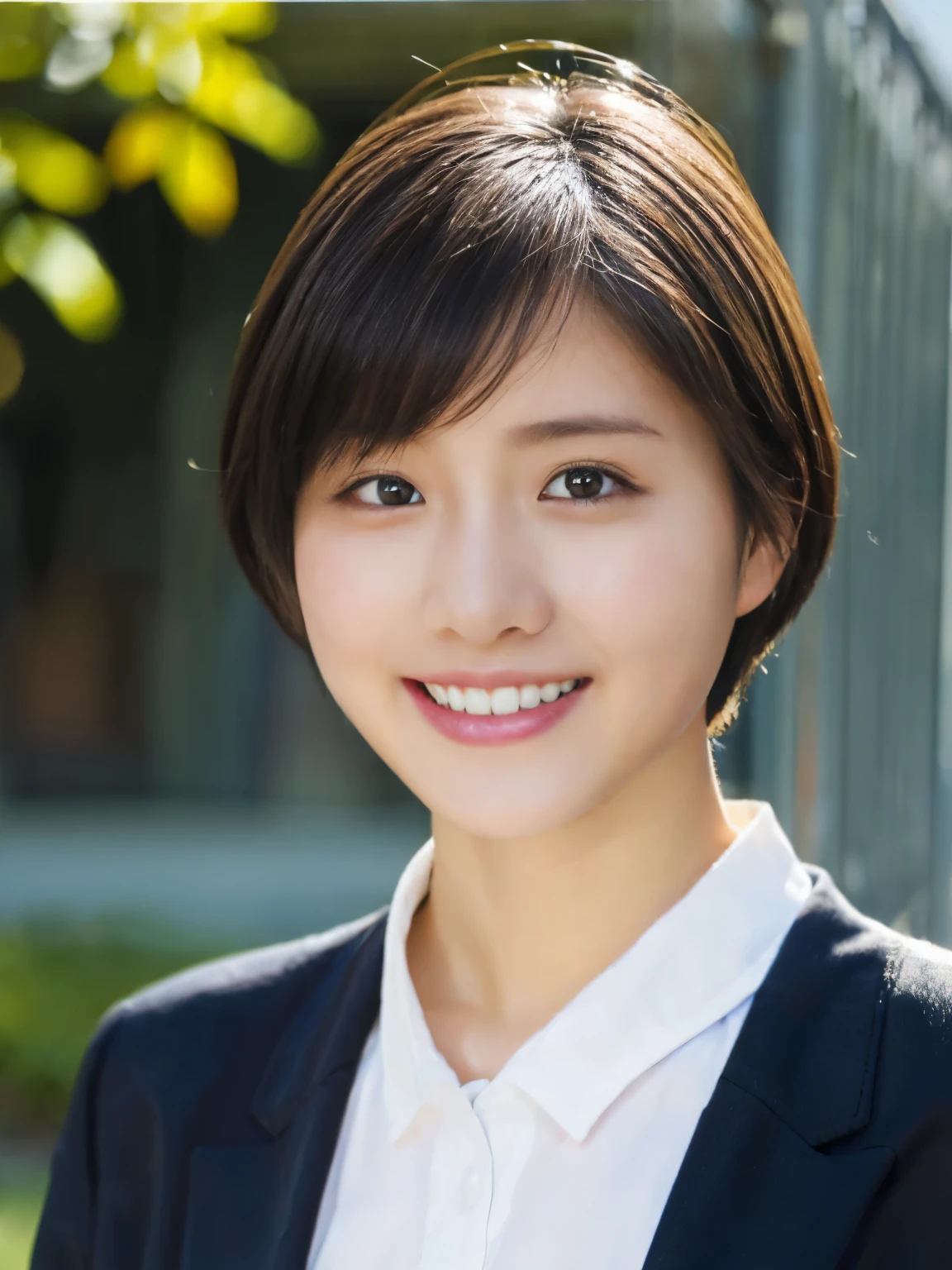 (highest quality,8K quality,masterpiece:1.3),(Ultra-high resolution,Photorealistic:1.4,RAW Photos),(Very detailed,Caustics,Detailed Background),(Ultra-Realistic Capture,Beautiful and detailed skin,Perfect Anatomy),School building,Schoolyard,18-year-old,cute,single eyelid,Black bob cut,Hair tucked behind ear,School blazer uniform,Looking at the camera,Laughter,Bust up shot,Natural soft light