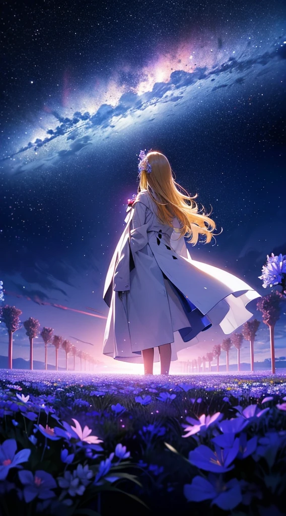 １people々々々々々,Blonde long-haired woman，White long coat， Dress Silhouette， Rear View，Space Sky, Flower Field，Colorful flowers