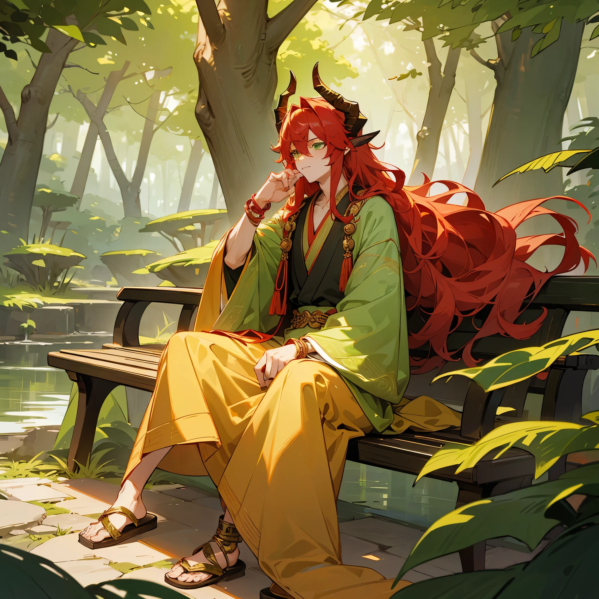1male, adult male, dragon horns, finely detailed green eyes, wavy long hair, bright red hair, loose haori, long baggy sleeves, gold bracelet, gold anklets, casual clothing, grotto forest, sitting on bench, flowers, calm expression, masterpiece quality, perfect quality