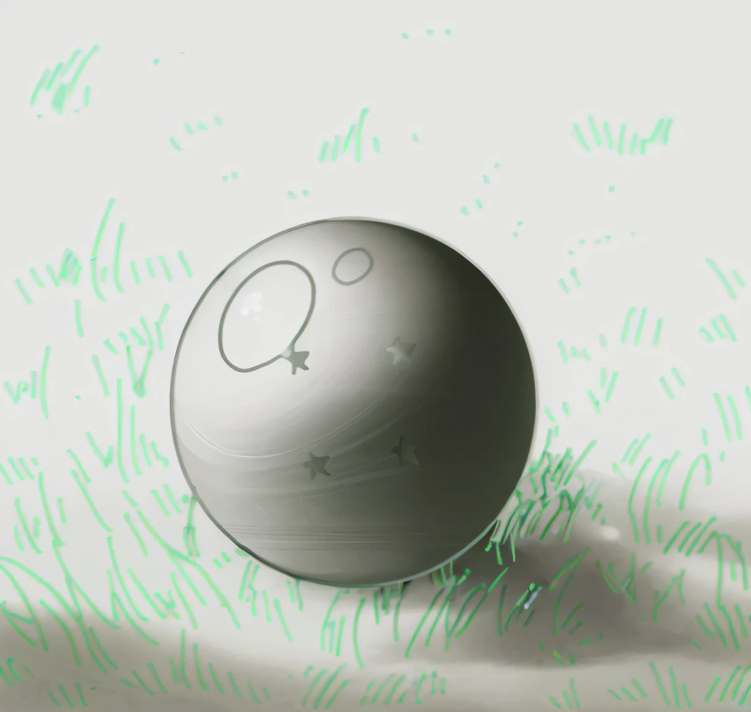 The image is a black and white line drawing featuring a spherical object with two circles on its surface, resembling eyes or windows. This object is set against a background that appears to be grass or similar textured material, suggesting an outdoor setting. The simplicity of the lines and the absence of color give it a minimalist appearance.