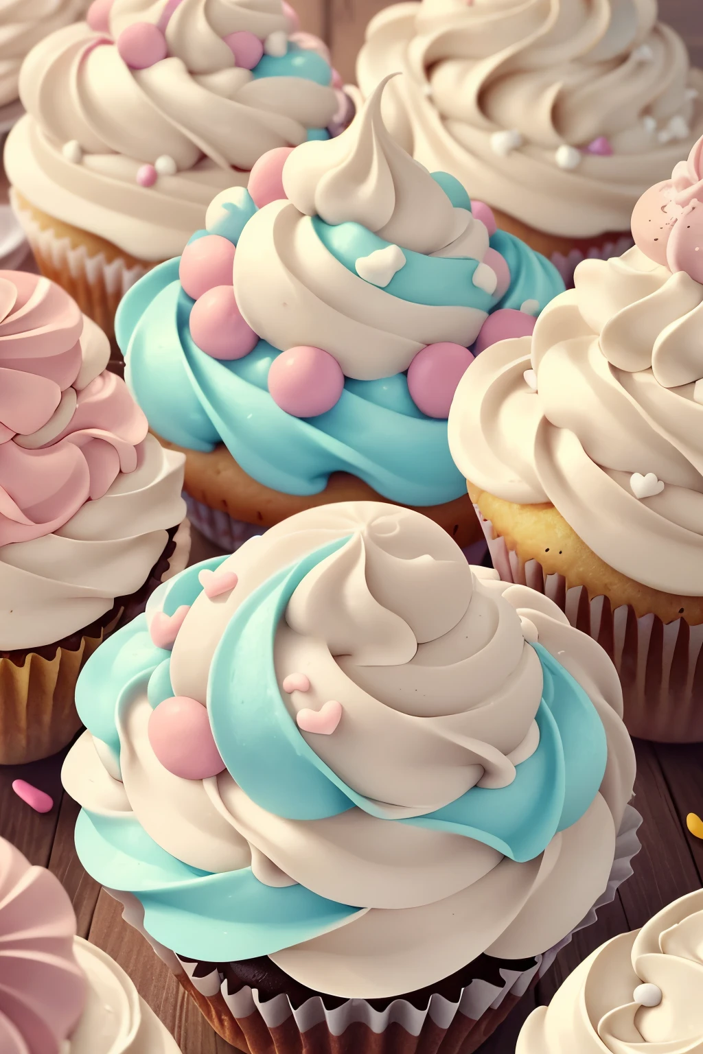 This is a sweet and delicious and cozy image with realistic cupcakes, creamy frosting, detailed frosting, and various sweets. A group of adorable and kawaii-decorated cupcakes are ((artfully arranged)). The cupcakes and assorted sweets should be the main focus of the image. Generate an image that looks delectable and makes me want to eat the cupcakes. Include a lot of visual interest. Include whipped frosting, swirled frosting, drippy frosting, dripping frosting, whirled frosting, lots of colors, pastel sweets, frosting, sprinkles, delicious, cream cheese frosting, beautiful swirls, and interesting details. ((((masterpiece))))