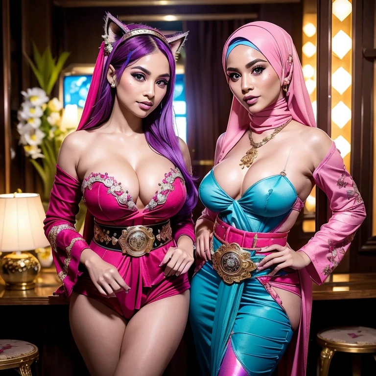 Two:2 naked and nude sexy hijab prostitutes with pinks nipples, bestquality,master-piece,High resolution with high detail,(brilliant:1.4),raw photograph,,optical illusion,1girle,(Solo exhibitions:1.2),(cowboy lens:1.2),(Hair crown:1.2),Traditional costumes of Dunhuang, china,strapless,(red eyeliner:1.2),(Black eyes:1.4),earings,dynamic angle,entertainment,messy_long_hair,ink,cinematic light,lanelare,Velvet,chrysanthemum,tassels,ribbons,Colorful embroidery,upper half body,Facing the lens,Dynamic Poses,large,Embroidered shoes, red bra, all red, oppai proportions, sexy :8k, 4 k, big breasts!, bottom angle, big breasts!!, Malay beauties, biomechanical oppai, fujita goro and jones, thicc, wearing hijab, hijab star, hijab gorgeous, hijab super model, Malaysian girls group,malay, The whole body consists of a young girl with hijab, Eye makeup, 21yo, Cat ears, Soft lighting, group, Wear shabby clothes, Dirty, Tattered futuristic bikini, Cat's paw badge, Pose, spot color, rendering by octane, Ultra-realistic intricate details, Cinematic, 8K resolution, 70mm, emphasis lighting, Global illumination, (((wearing a Sexy belt design by LV))) Surreal full-body figure, Beautiful and delicate body and face, gorgeous figure, ssmile, Titillating,Surreal full-body figure,Beautiful and detailed body and face, Super vista, White skin of the, vivd colour,🔥8k, (masterpiece), (((highest quality)), (super detailed), 2 girls, (iridescent hair, colorful hair, half blue and half pink hair: 1.2), 38 years old, (Gorgeous Malay Girls: 1.2), outdoor, bangs, smile, sky blue eyes, perfect hands, perfect hands, hand details, corrected fingers. Earrings, Night Store + Background, looking_at_viewer, Cowboy Shot, Top Quality, Rich Detail, Perfect Image Quality, big breasts, slender body