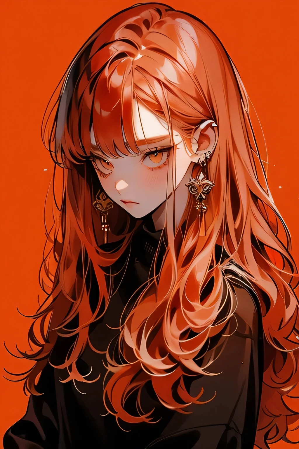 Orange-haired girl, white eyes, long red wavy hair, gold earrings, tired look, Gold Background, Waist-length
