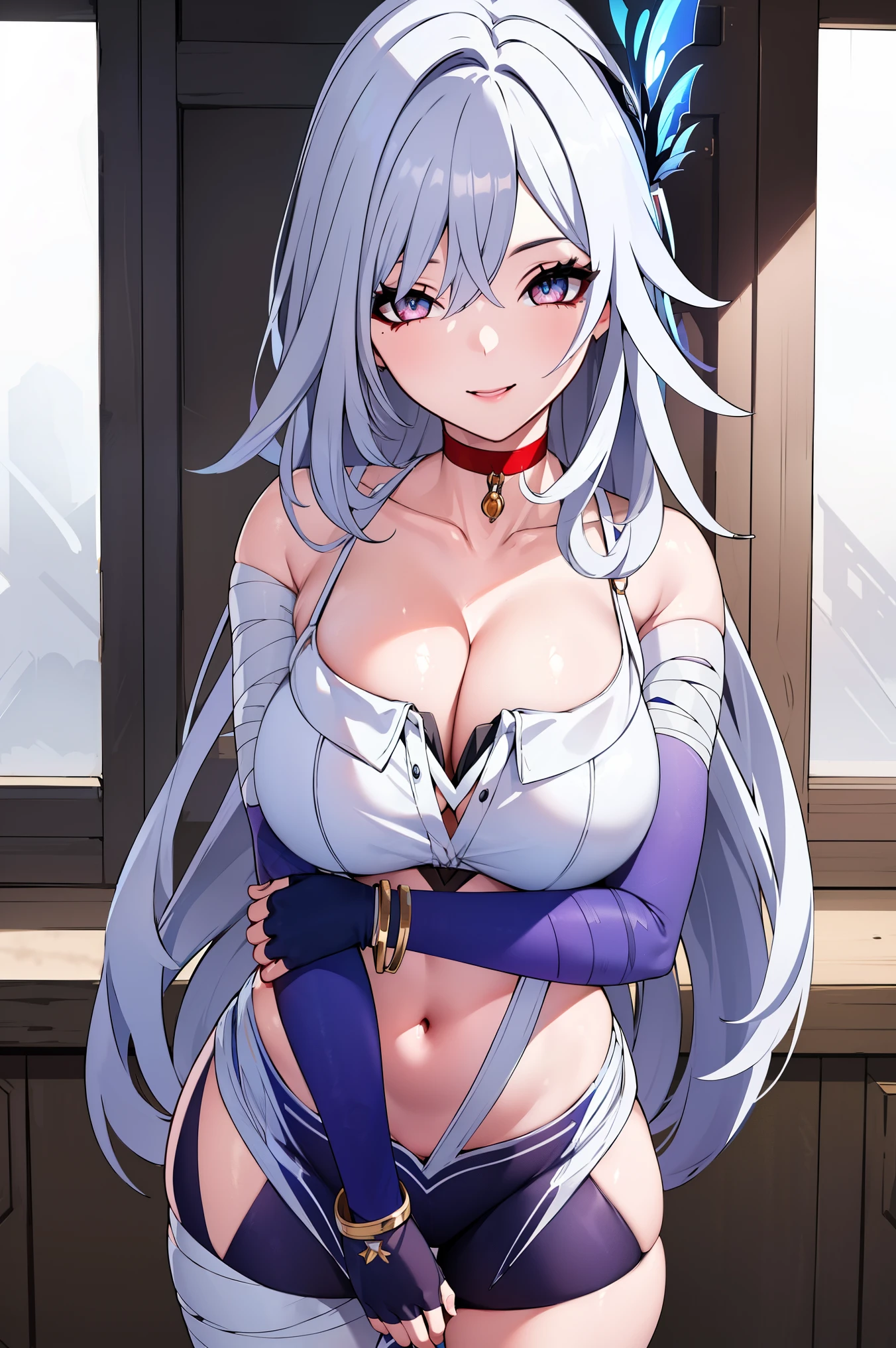 SkirkGI, red eyes, long hair, white hair, blue hair, hair ornament,
BREAK ((red choker,bandaged arm, bandaged leg, bandages, bracelet, chest sarashi,cleavage, collarbone, fingerless gloves:1.5))
BREAK indoors, standing, looking at viewer, smile, dynamic pose,
BREAK (masterpiece:1.2), best quality, high resolution, unity 8k wallpaper, (illustration:0.8), (beautiful detailed eyes:1.6), extremely detailed face, perfect lighting, extremely detailed CG, (perfect hands, perfect anatomy),