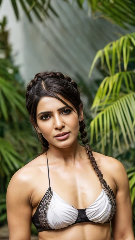 Samantha ruth prabhu,Masterpiece, full body, a beautiful indian princess with a black guy, thick princess single stranded braid long dense hair, indian ancient white bikini , ancient background, (UHD, 8K wallpaper, High resolution), Cinematic lighting, award-winning, extremely detailed skin, extra detailed face, high detail eyes, photo-realistic, Zeiss 85 mm F/100,black hair