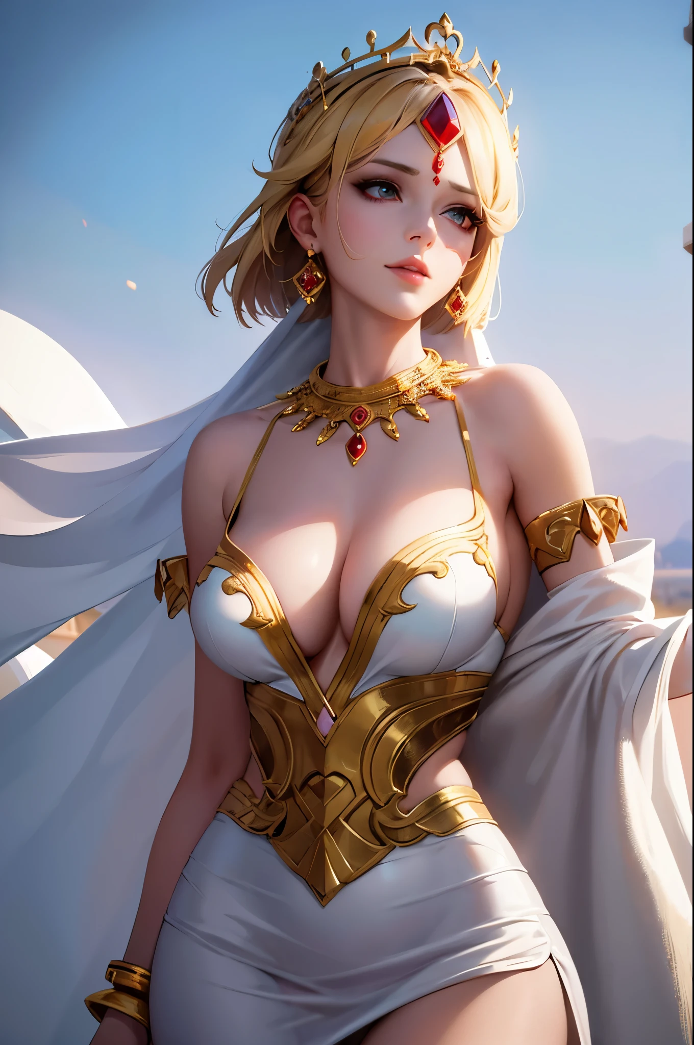 8K,Hooish goddess with short bob,Super Beauty(Like the real thing),White robe and white skirt,Beautiful white skin,Very nice smile,Perfect Anatomy,charm,Volume measurement,Body balance,Digital single-lens reflex camera, Soft lighting, Detailed Background, Written boundary depth, Volumetric lighting, Sharp focus, Absurd, Realistic proportions, Excellent anatomy, (Realistic, 超Realistic:1.4), 16K HDR, dawn,A High Resolution,super Realistic 肌,Super beautiful expression,Fantasy art,Character Art,Wind effects:1.9、Cloud Effect:1.2、Full Rendering、Professional quality high resolution、Perfect contrast、Perfect lighting、Perfect composition、Perfect Skin、Perfect Fingers、Perfect breasts、Perfect Hair、Perfect Face、Realistic facial features,super highest quality,Slim figure,Perfect body line,Perfect hand shape,Anatomical body balance,Highly detailed face,Highly detailed eyes,Beautiful Lips,Excellent light particles,Cinema Lighting,Makeup,Ultra-high resolution,Ultra-Realistic Skin,Accentuate your cleavage,Outside the Temple of Heaven,Gold Collar,Red Gemstone Necklace,Gold earrings,Gold Bracelet,Golden Eyes,Ethnic Goddess,