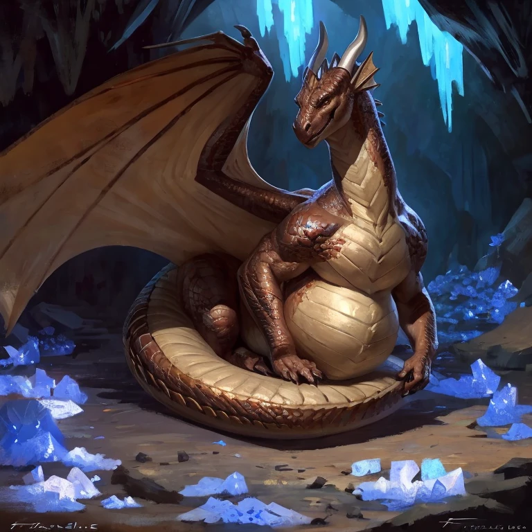 Detailed painting, by Taran Fiddler, solo, dragon, full body, feral, small dragoness, dainty, friendly, bronze scales, rounded snout, wings, pregnant, amber eyes, lying in fur lined nest, dark cave, glowing crystals on cave wall