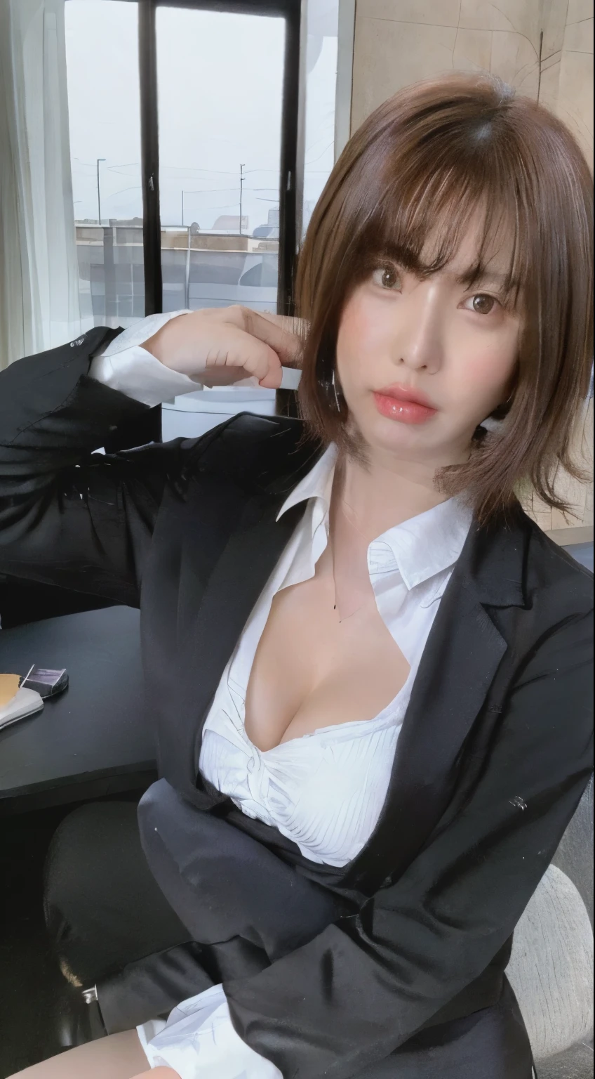 ((highest quality, 8k, masterpiece :1.3)), whole body, Sharp focus :1.2, Beautiful woman with perfect figure :1.4, Slim Abs :1.2, ((Dark brown hair, Big Breasts :1.2)), Body Dress :1.1, (Night city view, Modern balcony :1.1), Highly detailed face and skin texture, Fine grain, double eyelid, Small Bust, OL Uniform, office Wear, White T-shirt, Exposed cleavage, (Black Pantyhose), (No pants), Indoor scene, office
