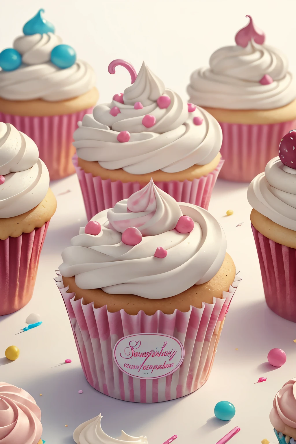 Generate enchanted cupcakes in the style of Laura Rester. This delectable image includes sugary delights and whimsical wonders artfully arranged. Magic and sweetness collide in this adorable and delicious image. This is a sweet and delicious and cozy image with realistic cupcakes, creamy frosting, detailed frosting, and various sweets. A group of adorable and kawaii-decorated cupcakes are ((artfully arranged)). The cupcakes and assorted sweets should be the main focus of the image. Generate an image that looks delectable and makes me want to eat the cupcakes. Include a lot of visual interest. Include whipped frosting, swirled frosting, drippy frosting, dripping frosting, whirled frosting, lots of colors, pastel sweets, frosting, sprinkles, delicious, cream cheese frosting, beautiful swirls, and interesting details. ((((masterpiece))))