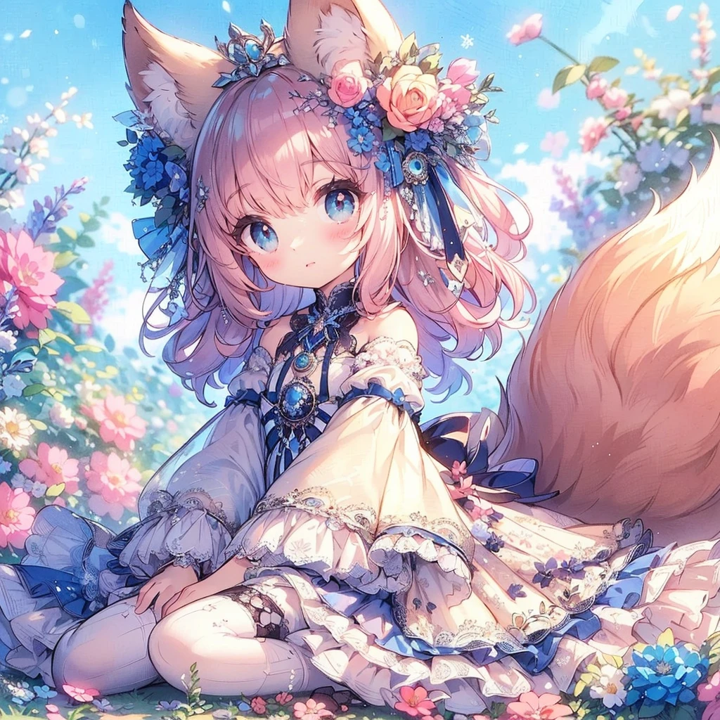 (Exquisite, beautiful, Very detailed, masterpiece, High resolution,high quality,High resolution),(Well-formed face,Soft and thin lines: 1.2, beautiful, Delicate and vivid illustrations with a mature and clear feel),  ,A beautiful, gentle and quiet girl with fluffy fox ears, a fluffy tail, cat-like animal eyes, a small mouth, nose and sharp fangs is sitting surrounded by flowers in a flower field under a clear blue sky and smiling shyly.,She is wearing a low-cut dress covered in lace, frills and ribbons, and knee-high socks decorated with lace.,(A cute girl with a good figure, with light brown wavy bob hair, fair skin, short eyebrows, pale pink cheeks, a very small nose, a mouth with small pointed fangs, plump pink lips, beautiful animal-like eyes, and a fairly large, fluffy bust.),Vibrant and eye-catching colors,Colored pencil art