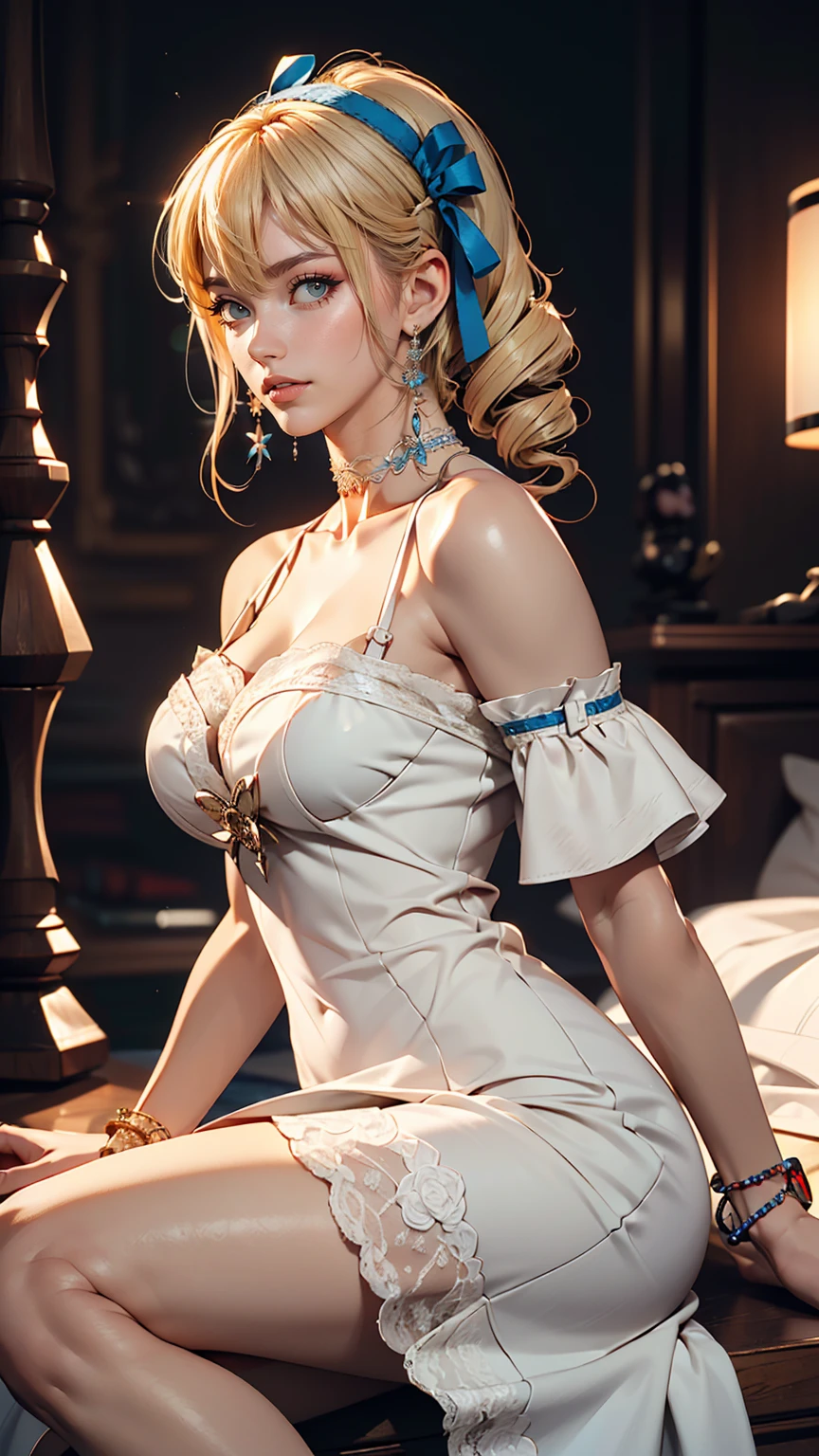 (8K, RAW Photos, highest quality, masterpiece:1.2), (Realistic, photo-Realistic:1.37)、Fashion model body type、Having her hair done、My chest is popping out、Wear accessories on your wrist、Wearing accessories on the ankle、Background blur((depth of field)、smile、White woman、Platinum Blonde、blue eyes、Vertical roll on one side((side drill))、Wear a lace-embellished one-shoulder dress、Wear mules、smile、hair band((hair ribbon))、Wear a lace choker、
