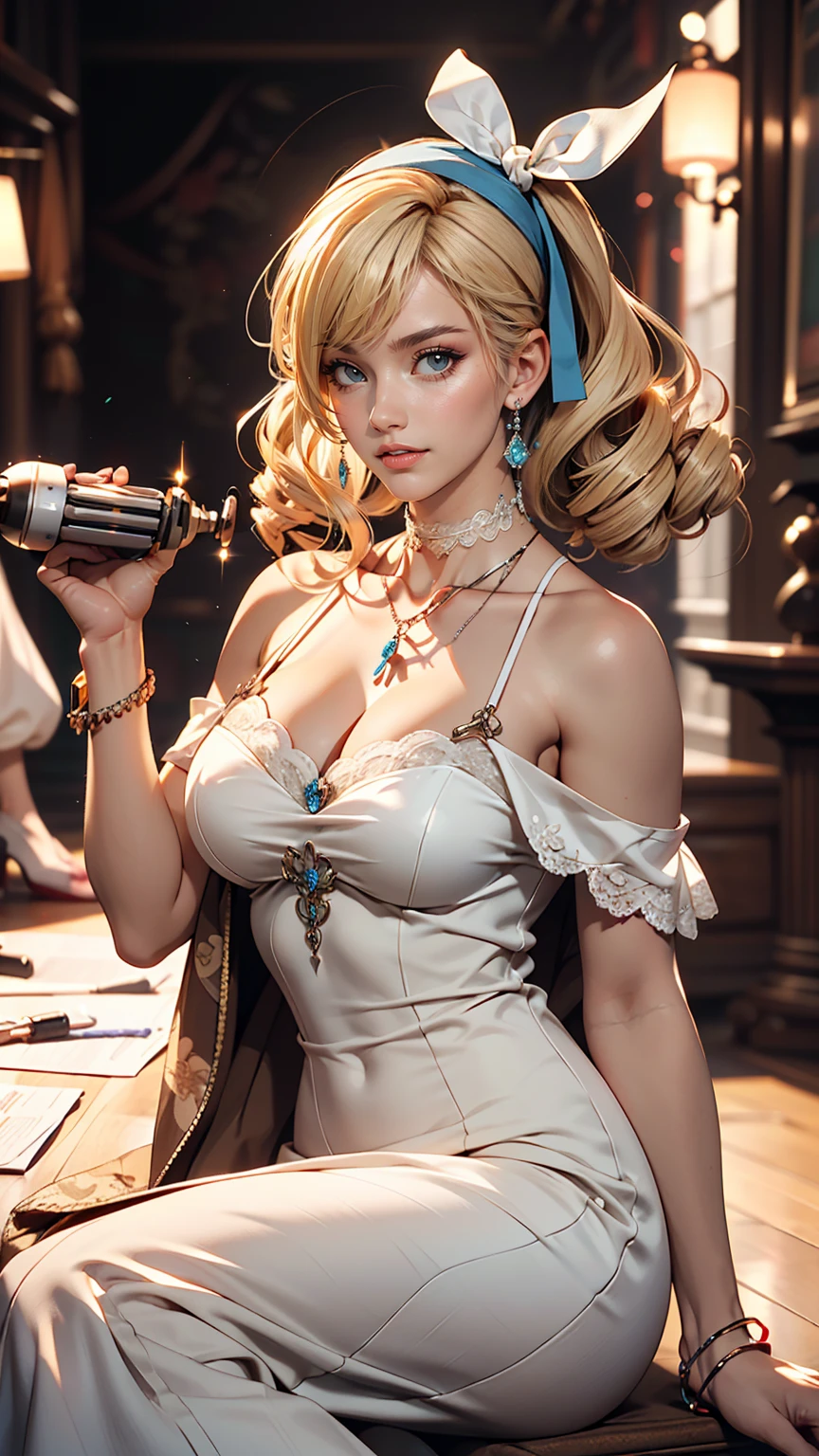 (8K, RAW Photos, highest quality, masterpiece:1.2), (Realistic, photo-Realistic:1.37)、Fashion model body type、Having her hair done、My chest is popping out、Wear accessories on your wrist、Wearing accessories on the ankle、Background blur((depth of field)、smile、White woman、Platinum Blonde、blue eyes、Vertical roll on one side((side drill))、Wear a lace-embellished one-shoulder dress、Wear mules、smile、hair band((hair ribbon))、Wear a lace choker、