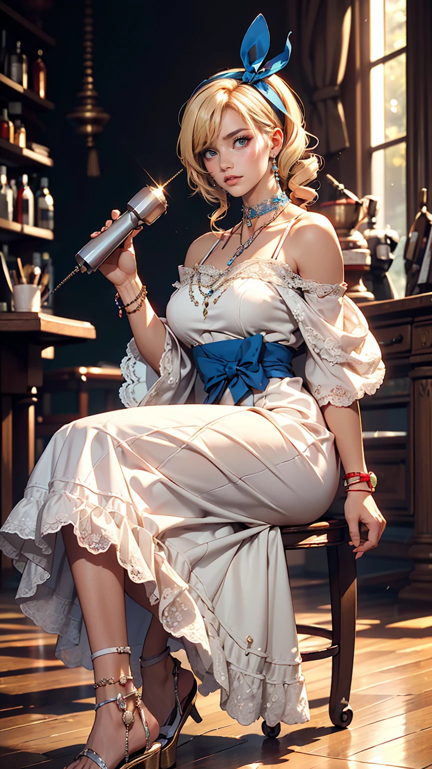 (8K, RAW Photos, highest quality, masterpiece:1.2), (Realistic, photo-Realistic:1.37)、Fashion model body type、Having her hair done、My chest is popping out、Wear accessories on your wrist、Wearing accessories on the ankle、Background blur((depth of field)、smile、White woman、Platinum Blonde、blue eyes、Vertical roll on one side((side drill))、Wear a lace-embellished one-shoulder dress、Wear mules、smile、hair band((hair ribbon))、Wear a lace choker、
