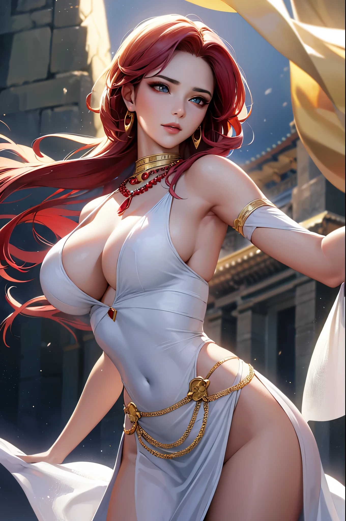 8K,Hooish goddess with short bob,Super Beauty(Like the real thing),White robe and white skirt,Beautiful white skin,Very nice smile,Perfect Anatomy,charm,Volume measurement,Body balance,Digital single-lens reflex camera, Soft lighting, Detailed Background, Written boundary depth, Volumetric lighting, Sharp focus, Absurd, Realistic proportions, Excellent anatomy, (Realistic, 超Realistic:1.4), 16K HDR, dawn,A High Resolution,super Realistic 肌,Super beautiful expression,Fantasy art,Character Art,Wind effects:1.9、Cloud Effect:1.2、Full Rendering、Professional quality high resolution、Perfect contrast、Perfect lighting、Perfect composition、Perfect Skin、Perfect Fingers、Perfect breasts、Perfect Hair、Perfect Face、Realistic facial features,super highest quality,Slim figure,Perfect body line,Perfect hand shape,Anatomical body balance,Highly detailed face,Highly detailed eyes,Beautiful Lips,Excellent light particles,Cinema Lighting,Makeup,Ultra-high resolution,Ultra-Realistic Skin,Accentuate your cleavage,Outside the Temple of Heaven,Gold Collar,Red Gemstone Necklace,Gold earrings,Gold Bracelet,Golden Eyes,Ethnic Goddess,