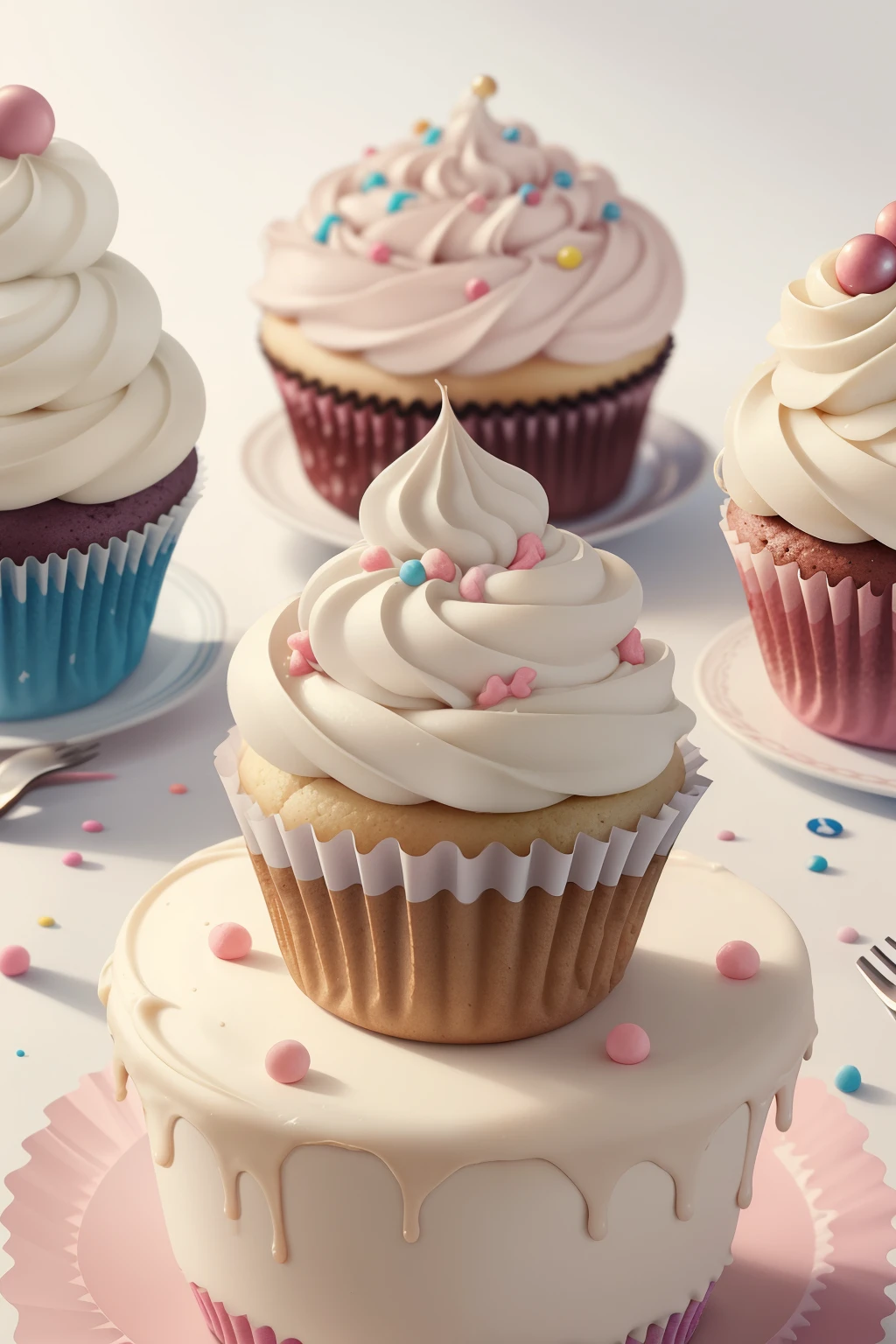 Generate enchanted cupcakes in the style of Laura Rester. This delectable image includes sugary delights and whimsical wonders artfully arranged. Magic and sweetness collide in this adorable and delicious image. This is a sweet and delicious and cozy image with realistic cupcakes, creamy frosting, detailed frosting, and various sweets. A group of adorable and kawaii-decorated cupcakes are ((artfully arranged)). The cupcakes and assorted sweets should be the main focus of the image. Generate an image that looks delectable and makes me want to eat the cupcakes. Include a lot of visual interest. Include whipped frosting, swirled frosting, drippy frosting, dripping frosting, whirled frosting, lots of colors, pastel sweets, frosting, sprinkles, delicious, cream cheese frosting, beautiful swirls, and interesting details. ((((masterpiece))))
