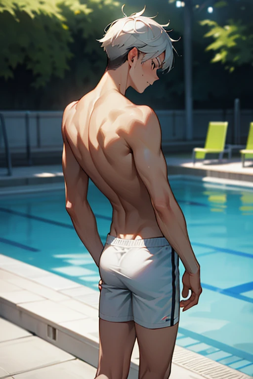 Beste-Qualit, master piece, ultra highres, Realstic, young guy, 18 years, gray skin, white-gray hair, short hair, slender body, Yellow briefs, bare top, immature male,  back view, stands with his back, Outdoor swimming pool