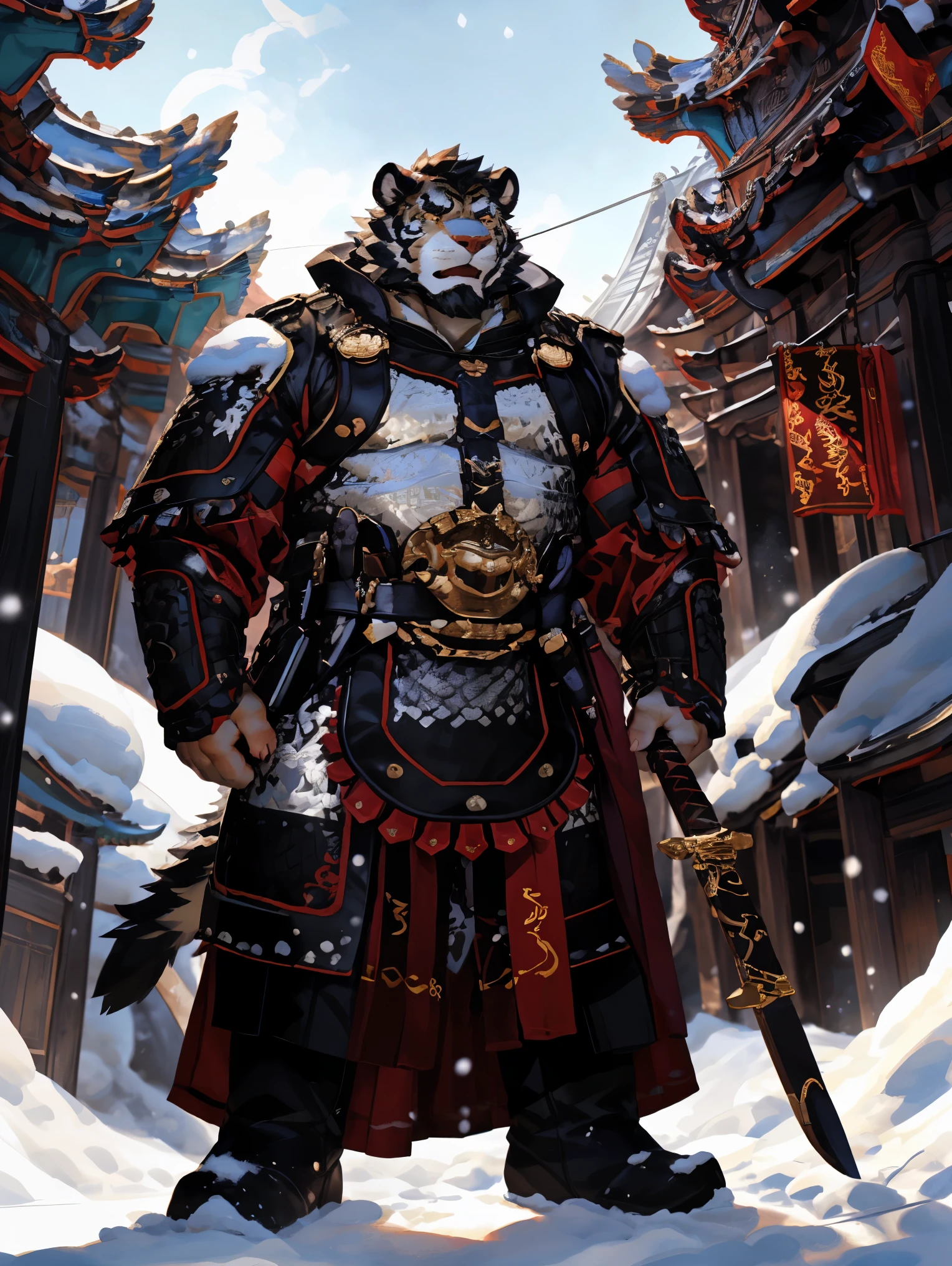 Chinese_armor,a 35 year old chinese man,(dynamic lighting, Bright colors),masterpiece,best quality,very detailed,high resolution,[by null-ghost],(by fffffolder),((by lindong:1.2), (by null-ghost:0.7), (by takahirosi:0.7)),[huge white tiger],colorful absurdism,oshare kei,dreamlike illustration,vibrant colorscape,dansaekhwa,multilayered,
(yin-yang black and white armor),(yin-yang black and white boots),(yin-yang black and white ancient armor),(holding a long sword:1.2),(black and white pattern),(black and white tail),(black and white hair),(temple),(background: a snow-covered city:1.2),(16K),high-definition,CG,(golden eyes),(face focus),(white facial lines:1.2),(black beard:1.3),(white face:1.6),(white skin with black stripes:1.3),(fair cheeks:1.5),(very fair facial skin:1.3),highly detailed,ultra-realistic,8K,extremely detailed,intricate details,vibrant colors,colorful,vivid,richly colored,(white-skinned tiger),powerful stance,standing calmly,(abdominal muscles),heroic,masterpiece,detailed facial features,long-distance perspective,standing in front of a snow-covered city,close-up,(detailed face:1.5),perfect details,(detailed facial depiction:1.5),white body,(strong:1.2),(muscular:1.3),(high resolution:1.3),