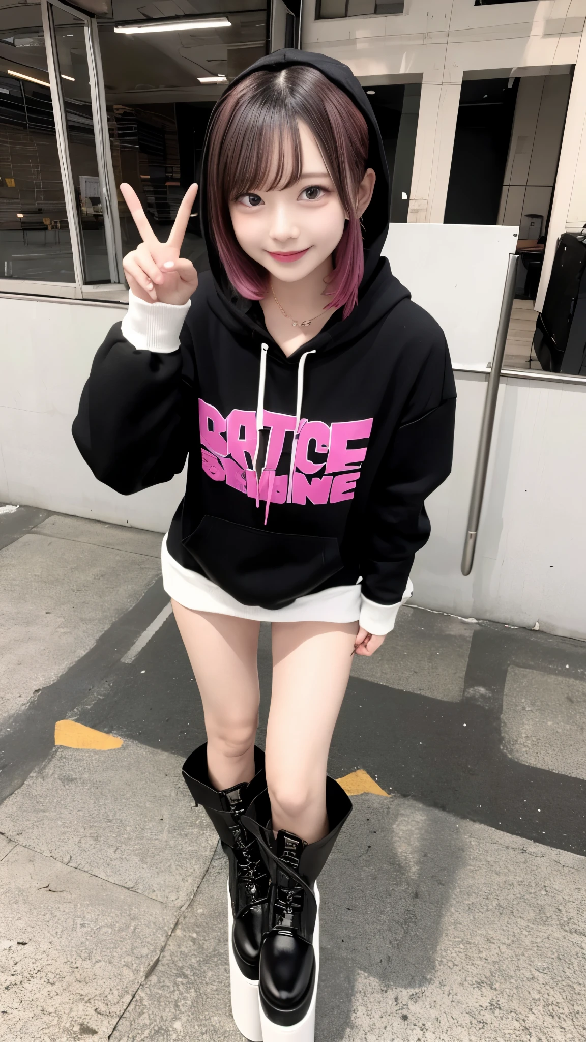 Female 3P、、cute、With a smile、peace、Station platform、
black and White hoodie、Red and black hoodie、White hoodie、Platform boots、Platform boots、
Brown Hair、Black Hair、Pink Hair、3✕3の目、black eye、