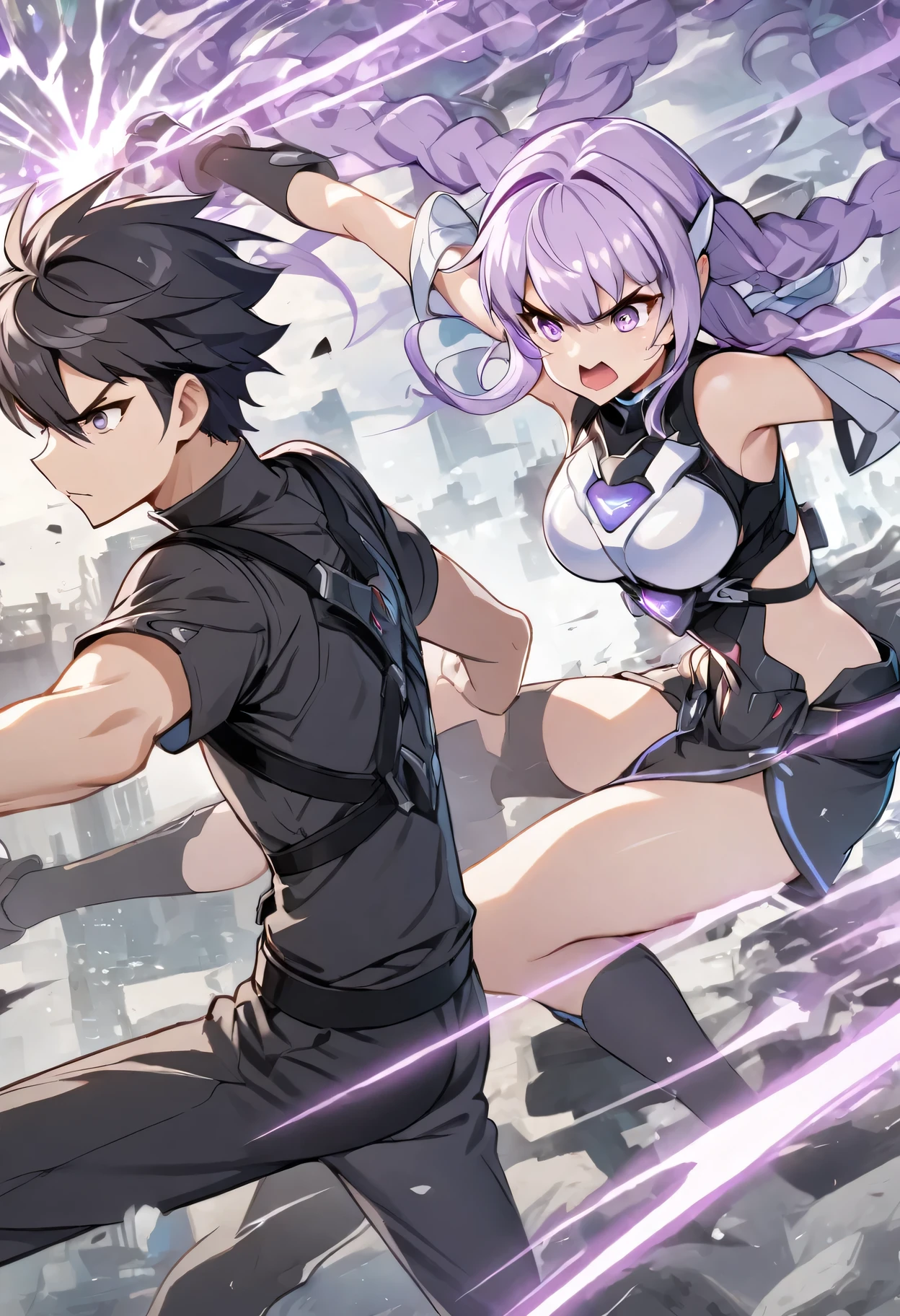  A girl and（a boy） ,Black clothes,White clothes, Black Hair, Purple Hair,Fight alongside，