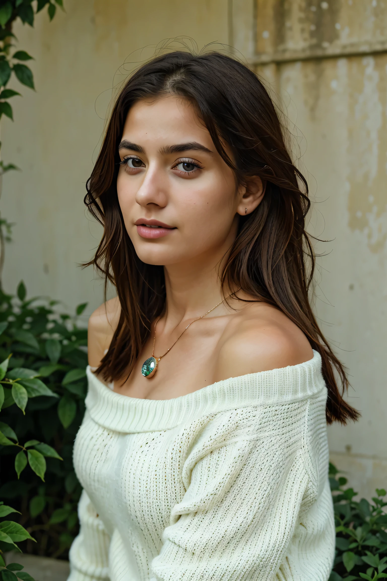 One Girl, 19 years old, alone, Long Hair, huge , View Viewer, Blonde, Exposing shoulders, Brown eyes, gem, whole body, necklace, Off the shoulder, sweater, Realistic, Sexy