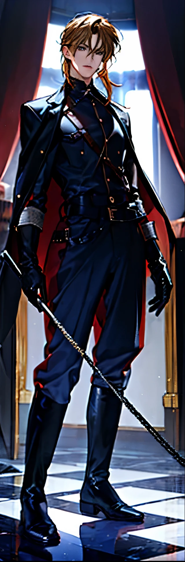 (highest resolution, distinct_image) best quality, a man, solo, masterpiece, highly detailed face, clear masculine face, semi realistic, brown hair,(23 years old:1.4), mature, tall strong,paladin,(luxury hotel room background:1.2), cold, serious, tall, handsome, powerful, demi-god, exquisite facial features, (full body)(combat_boots:1.4)(dark pants:1.3),( gloves:1.5)(long sleeves),solo,(looking at viewer),(from below:0.4)(head turned upwards:0.3)(smiling:0.4)(holding riding crop:1.2)(muscular:1.2),(black belt), (shirt tucked in pants),(standing on ground), (marble floor)(mean:0.4)(seductive:0.5)(evil:0.6),detailed,(abs:0.9)(bdsm Equipment),(Link:1.3),Warrior,knight,(white button-up shirt)