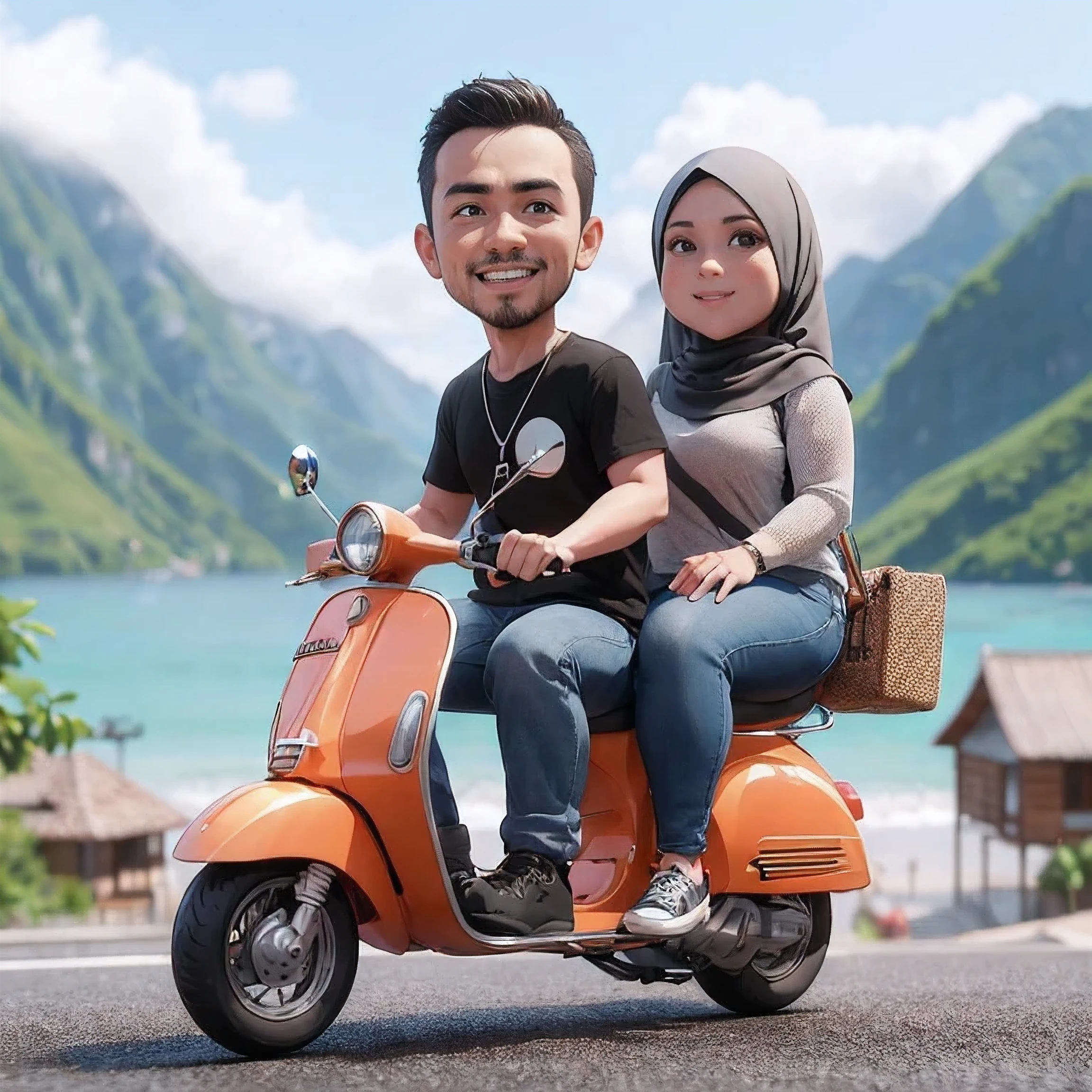 3D caricature of a 35-year-old Indonesian man, wearing a black t-shirt, blue jeans, wearing black shoes, a 30-year-old hijab-wearing woman wearing a long light, chubby T-shirt, they ride on an orange Vespa with a happy expression, beautiful mountain scenery background, front view, cool, 8k,