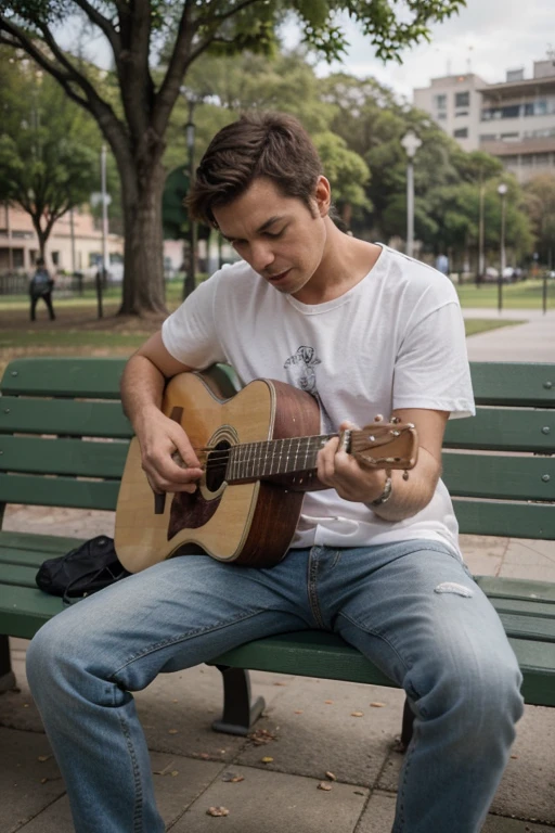 ((melhor qualidade)), ((realista)), (detalhado), ((parque)), ((man playing guitar sitting on bench)), ((perspectiva de longe))
