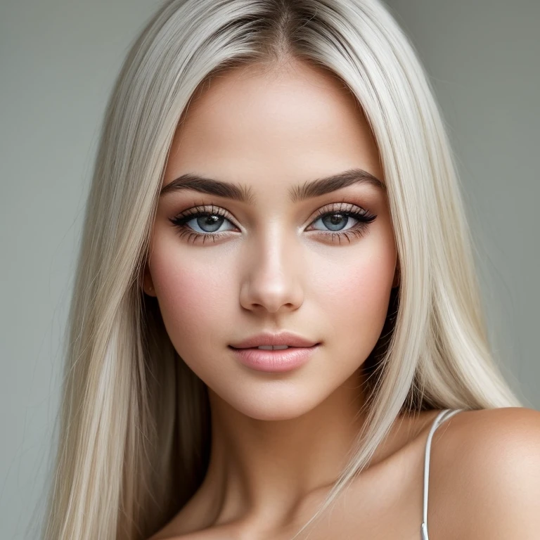 Stunning and radiant portrait of a young Brazilian girl, showcasing her firm and luminous features, accentuated by a prominent straight line between her eyes, boasting bright, large, and captivating big beautiful blue eyes. Her long, lustrous platinum blonde hair is sleek and silky, framing her innocent, yet sexy and alluring face. A delicate eyeliner outlines her eyebrows, adding to her irresistible charm. Dressed in a short-sleeved blouse, displaying her youthful beauty and baby face, this high-definition masterpiece captures the essence of her incomparable allure, evoking feelings of pure admiration and adoration for