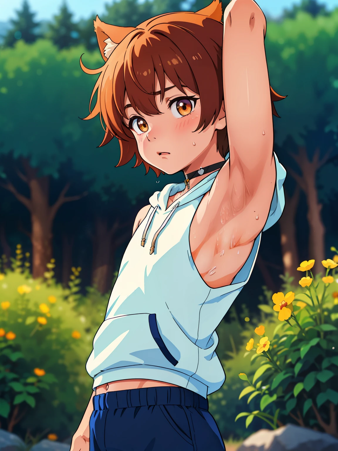 Highres, Masterpiece, Best quality at best,Best Quality,hight quality, hight detailed, 1boy, Boy, Dog boy, Dog ear, Messy hair, Side bangs, Shota, Sweat, Sleeveless hoodie, choker, Depth of field, Anime screencap style, thin line, Seen from the front, Little sweat, forest, Cute boy, (Showing armpit:1.3), Smooth armpit, Clean armpit, (very small and short stature), (very young boy), 12-year-old boys, Blurry and simple beckground, bokeh, Uhd