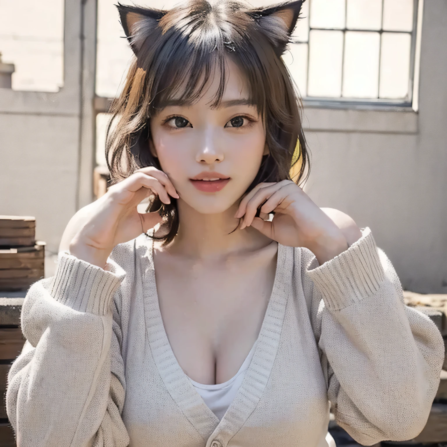 {{{masterpiece}}}, Heart shaped hands, {Very delicate and beautiful}, (alone:1.5), (highest quality:1.2), (Ultra-high resolution, Realistic, RAW Photos:1.4), 8k, Cinema Lighting, Beautiful lighting, professional、8K, The best masterpiece, thank you pose, She is wearing a light grey summer cardigan., Put your hands together in front of your chest in prayer pose, Pose for a request, Attractive cat girl in a white tank top, Very beautiful cute cat girl, Beautiful young cat girl, Real life anime cat girl, Beautiful Asian Cat Girl, Japanese Model, Realistic young gravure idol, Beautiful Japanese girl face, Beautiful Korean Women, Cat-eared girl, Beautiful young Korean woman, Realistic cat ears, Short Hair, smile, Roundhouse kick, Fighting Style,