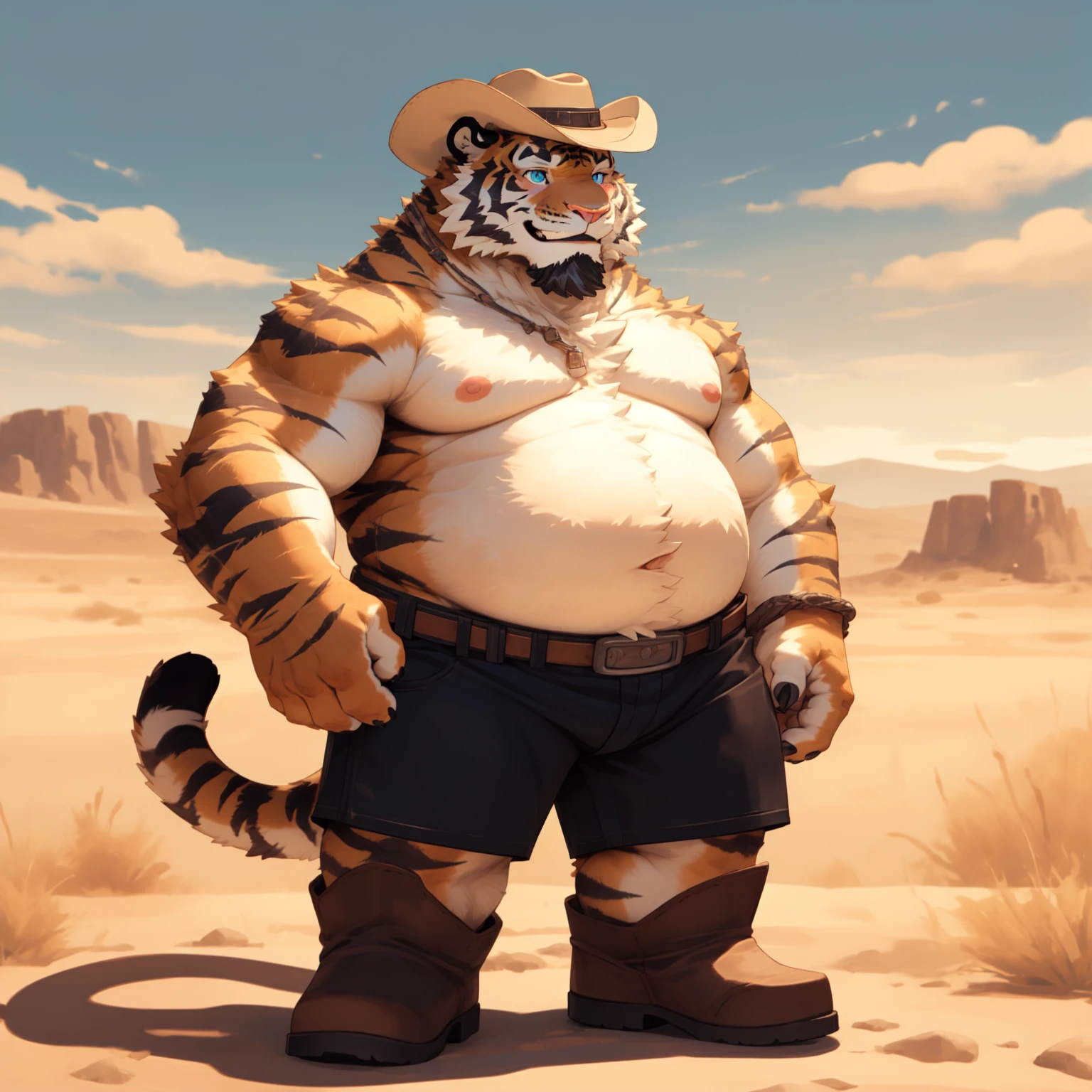 New Jersey 5 Furry,Tiger，Chubby，Fat，Thick arms，Rugged muscles，Topless，shorts，Plush fur，Chubby脸，Black eyebrows，Sky blue eyes，Beard，Gunner,cowboy hAt,[The Wild West] landscape,Sunny desert,dusty roAd,Cowboy Boots,solitary figure,smoldering eyes,grin,(best quAlity),(reAlistic:1.37),portrAit,Foreign gas,Bright colors,portrait，blush，Smile