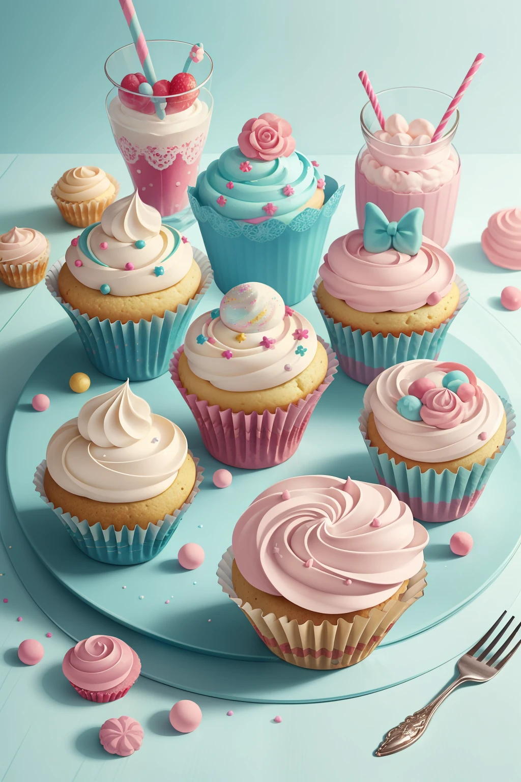 Generate enchanted cupcakes in the style of Laura Rester. This delectable image includes sugary delights and whimsical wonders artfully arranged. Magic and sweetness collide in this adorable and delicious image. This is a sweet and delicious and cozy image with realistic cupcakes, creamy frosting, detailed frosting, and various sweets. A group of adorable and kawaii-decorated cupcakes are ((artfully arranged)). The cupcakes and assorted sweets should be the main focus of the image. Generate an image that looks delectable and makes me want to eat the cupcakes. Include a lot of visual interest. Include whipped frosting, swirled frosting, drippy frosting, dripping frosting, whirled frosting, lots of colors, pastel sweets, frosting, sprinkles, delicious, cream cheese frosting, beautiful swirls, and interesting details. ((((masterpiece))))
