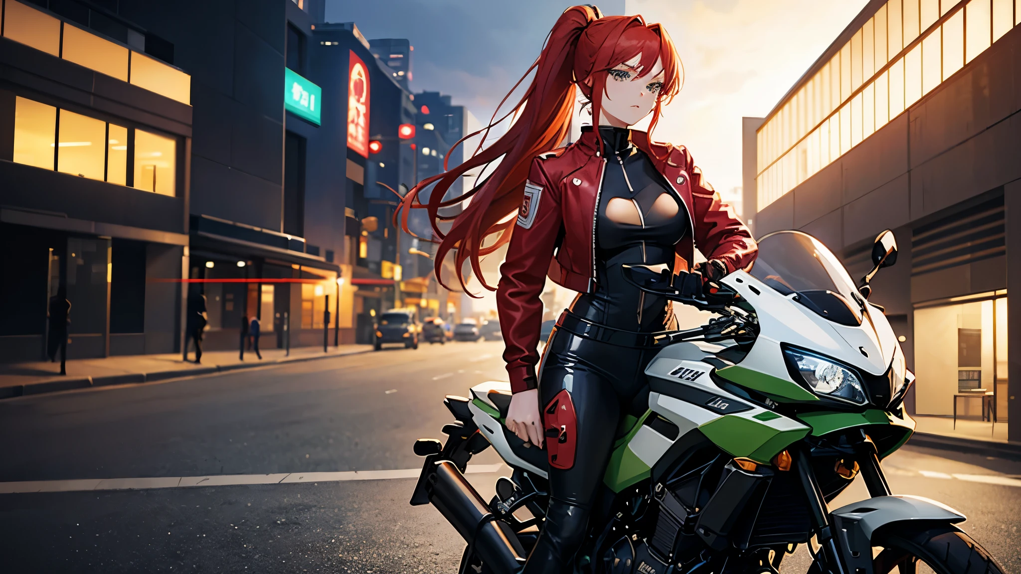 2d anime style, a beautiful red-haired girl with hair tied in a ponytail, green eyes, wearing a leather motorcycle riding outfit stands next to her racing bike and holding a helmet, modern city in the background at night with artificial lighting, high definition, high resolution, dynamic composition, intricate details