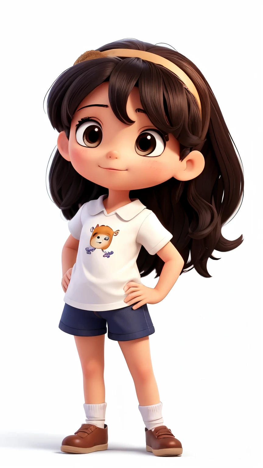 pequena , various poses and expressions on white background, book illustration style , simples, fofa, 6 anos, cores, cabelo preto longo, camisa branca de manga curta.
