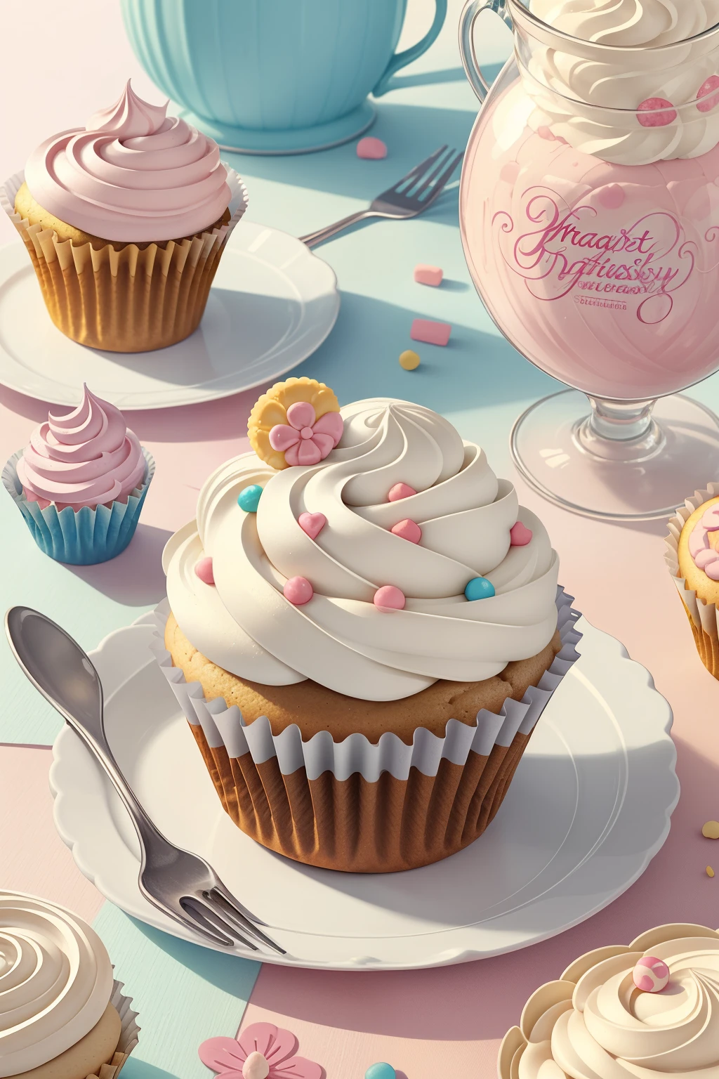 Generate enchanted cupcakes in the style of Laura Rester. This delectable image includes sugary delights and whimsical wonders artfully arranged. Magic and sweetness collide in this adorable and delicious image. This is a sweet and delicious and cozy image with realistic cupcakes, creamy frosting, detailed frosting, and various sweets. A group of adorable and kawaii-decorated cupcakes are ((artfully arranged)). The cupcakes and assorted sweets should be the main focus of the image. Generate an image that looks delectable and makes me want to eat the cupcakes. Include a lot of visual interest. Include whipped frosting, swirled frosting, drippy frosting, dripping frosting, whirled frosting, lots of colors, pastel sweets, frosting, sprinkles, delicious, cream cheese frosting, beautiful swirls, and interesting details. ((((masterpiece))))
