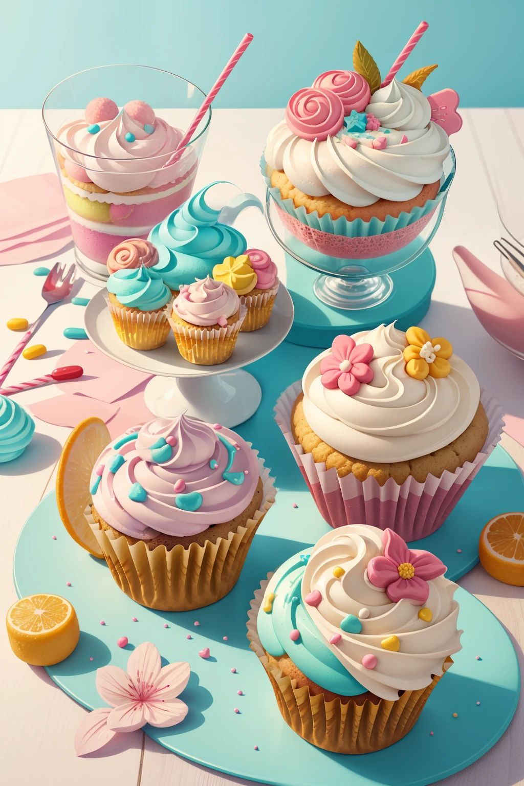 Generate enchanted cupcakes in the style of Laura Rester. This delectable image includes sugary delights and whimsical wonders artfully arranged. Magic and sweetness collide in this adorable and delicious image. This is a sweet and delicious and cozy image with realistic cupcakes, creamy frosting, detailed frosting, and various sweets. A group of adorable and kawaii-decorated cupcakes are ((artfully arranged)). The cupcakes and assorted sweets should be the main focus of the image. Generate an image that looks delectable and makes me want to eat the cupcakes. Include a lot of visual interest. Include whipped frosting, swirled frosting, drippy frosting, dripping frosting, whirled frosting, lots of colors, pastel sweets, frosting, sprinkles, delicious, cream cheese frosting, beautiful swirls, and interesting details. ((((masterpiece))))
