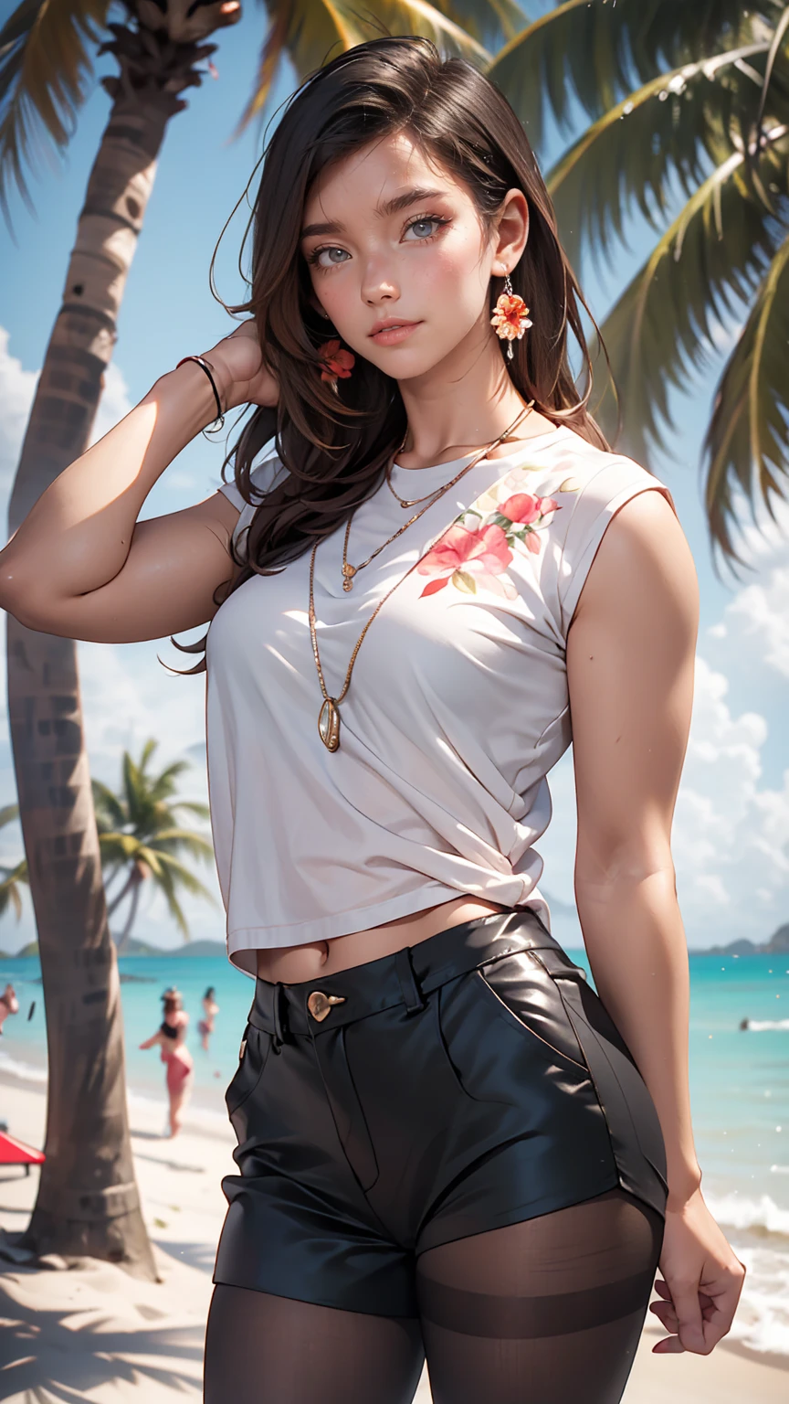 alone, whole body,Earrings, eyelash, pantyhose,, (Beach,(Palm tree),crowd,(White shirt), Floral print,Red lips),Sexy and provocative smile,, (Shiny skin:1.05),(blush:0.9),(Skin dents:1.15),Realistic, masterpiece, highest quality, High resolution,Absurd, (Perfect Face:1.1), (Sharp focus:1.1),, Trending on Artstation, Trending on CGSociety, Complex, Attention to detail, Sharp focus, dramatic,