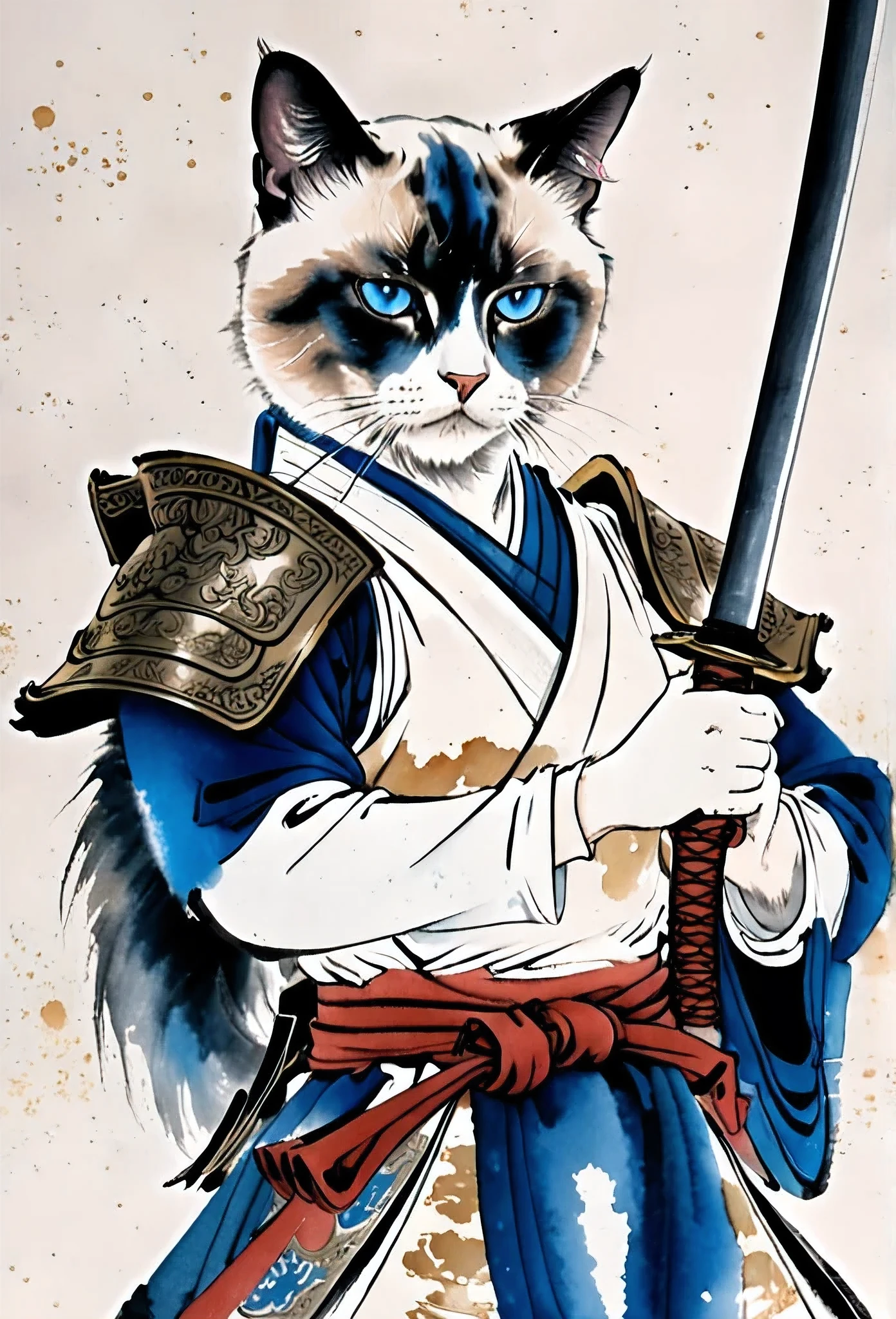 (a white and blue samurai armor, holding a katana)(masterpiece:1.2),high quality,ink painting, siamese cat,solo,sharp focus,ultra-detailed,detailed eyes,realistic,physically-based rendering,vivid colors,bokeh,studio lighting