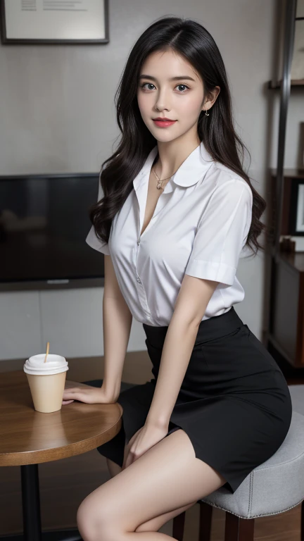 (High resolution 8K), Masterpiece, best quality, realistically ((middle bust, Sagging )), hair in one eye, purple eyes, very big hoop earrings, Sharp eyes, choker, red gemstone necklace, (Symmetrical eyes), (The body is perfectly symmetrical. ), Photo of a beautiful 20 year old teenagel, (Fit body), ((Sitting on a Starbucks coffee table)), (black short skirt), (( The young woman wore a white short-sleeved shirt., Open 3 shirt buttons., Oyour shirt and reveal your chest.,)) ((black short pencil skirt deep slit skirt)), Square head black belt, Blonde hair, short hair,Double eyelids, sharp eyeliner, Blush eyeshadow, thick eyelashes, very delicate and beautiful, round chin, sharp focus.. elegant. Turn your head with your legs open. Sit back and open your legs. Split your right leg over your left leg. Allow your legs to open naturally, with your legs apart, a dynamic pose.,mahalaiuniform